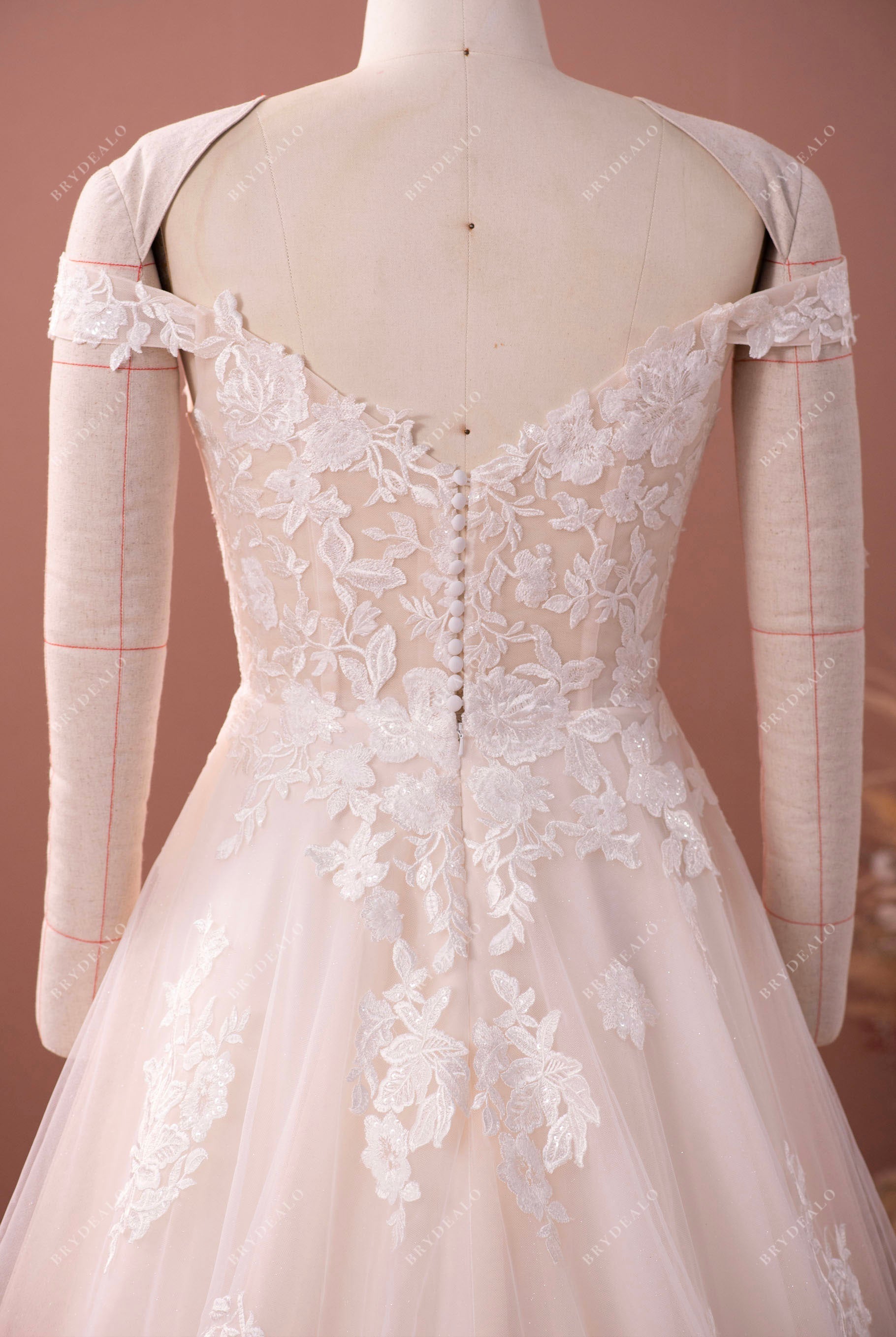 off shoulder V-back lace spring wedding gown