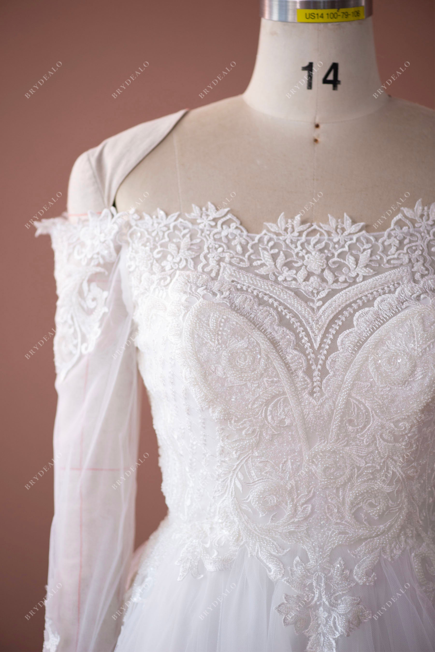 off shoulder sheer sleeve elegant wedding dress