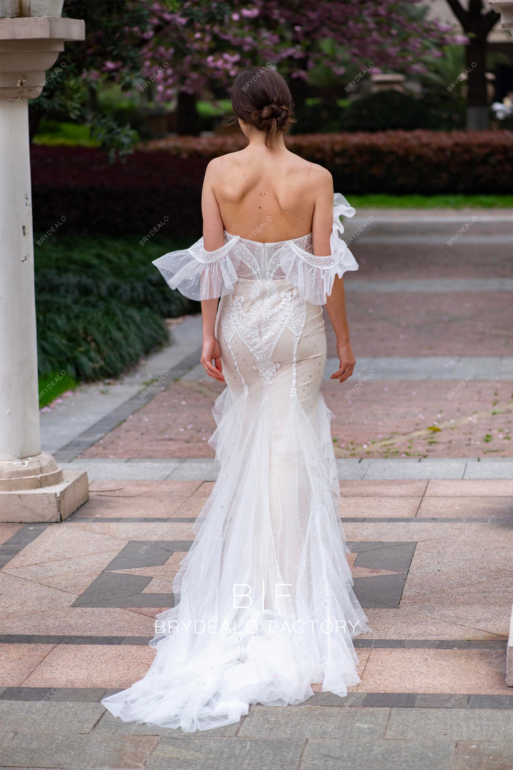 designer off the shoulder dresses V-neck Off-shoulder Classic Jacquard Tea-Length Pockets Bridal Dress