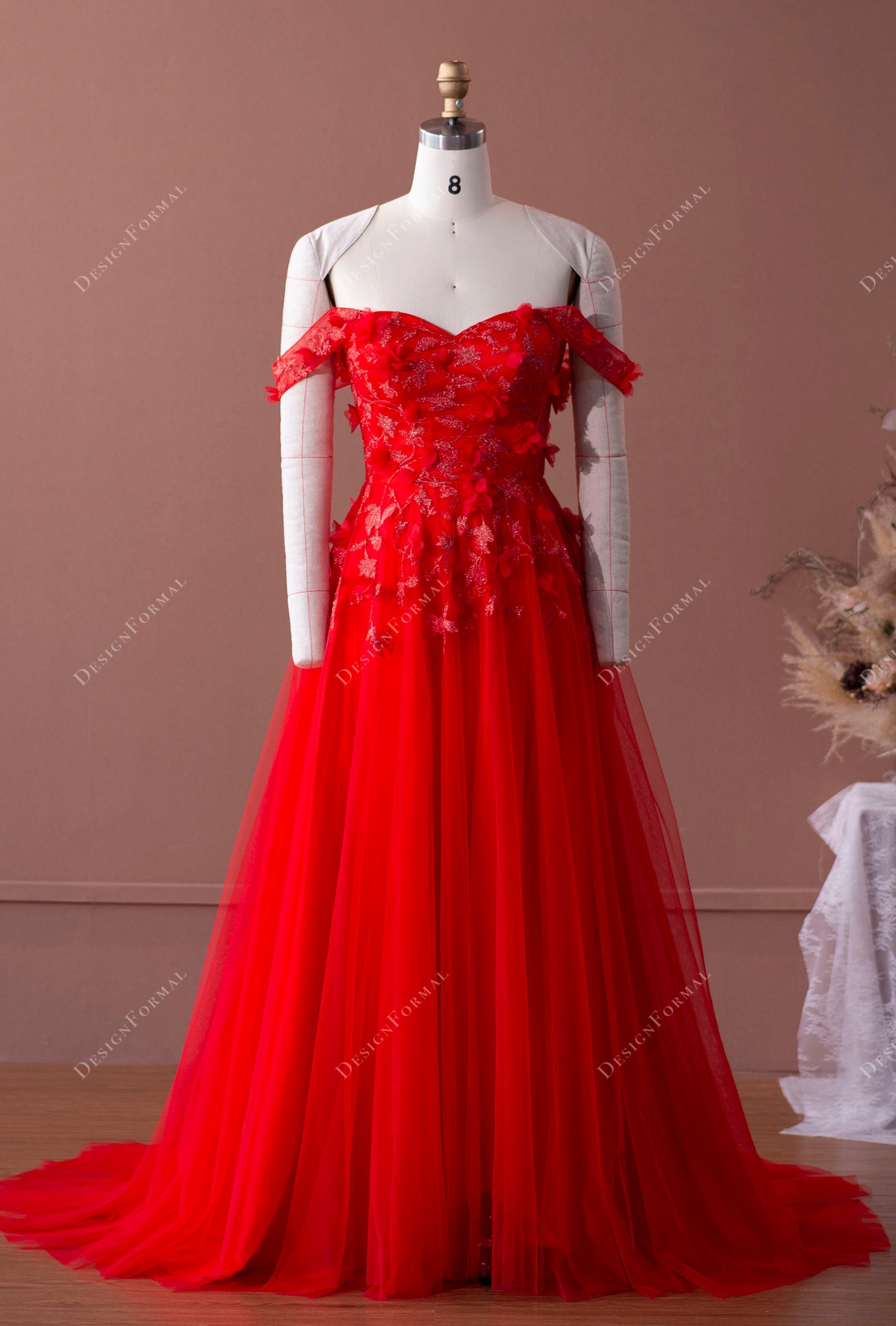 off-shoulder red lace tulle A-line formal dress
