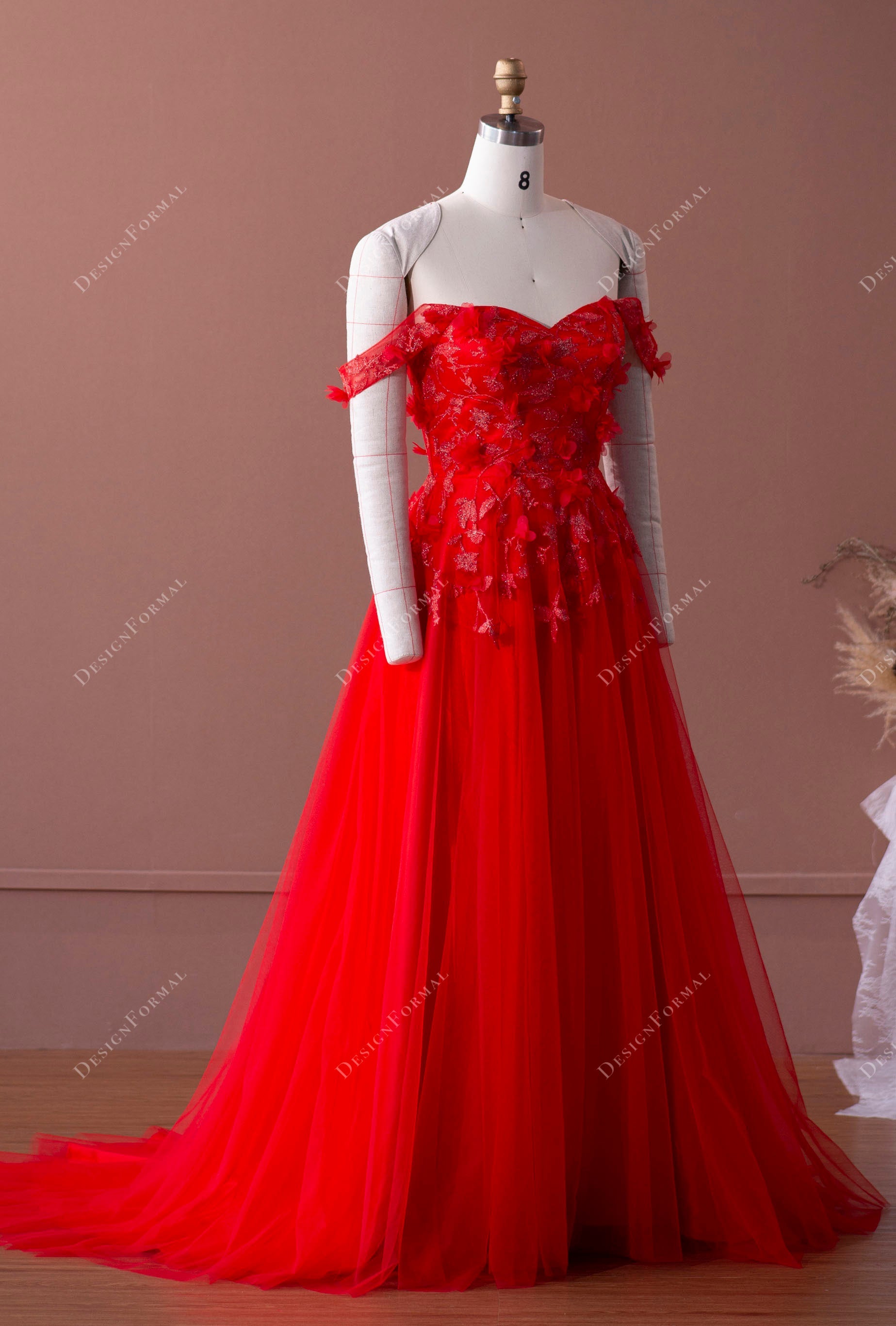 off-shoulder red lace tulle A-line prom gown