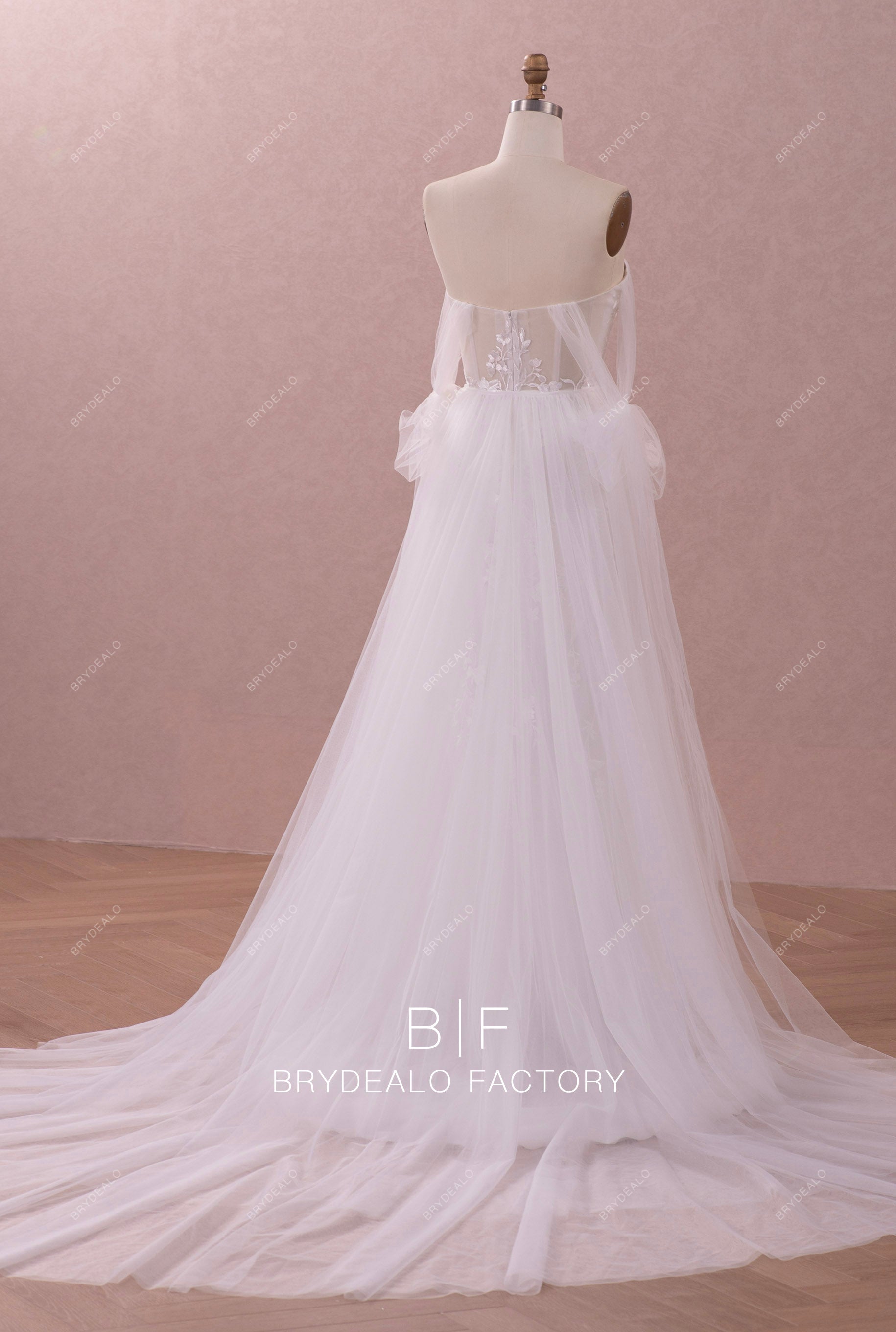 removable overskirt off shoulder lace bridal  dress