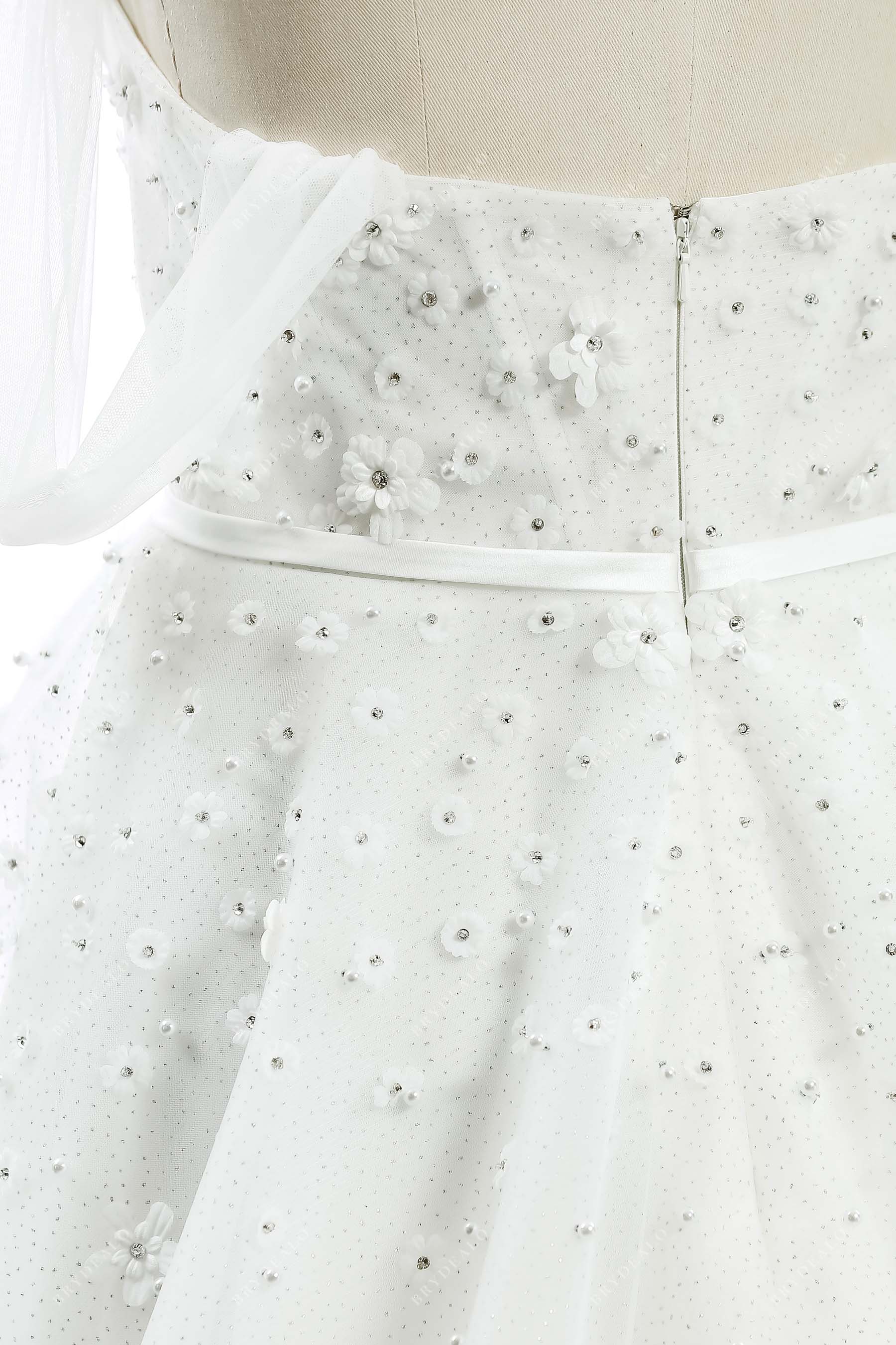 off-shoulder pearls petals glitter bridal gown