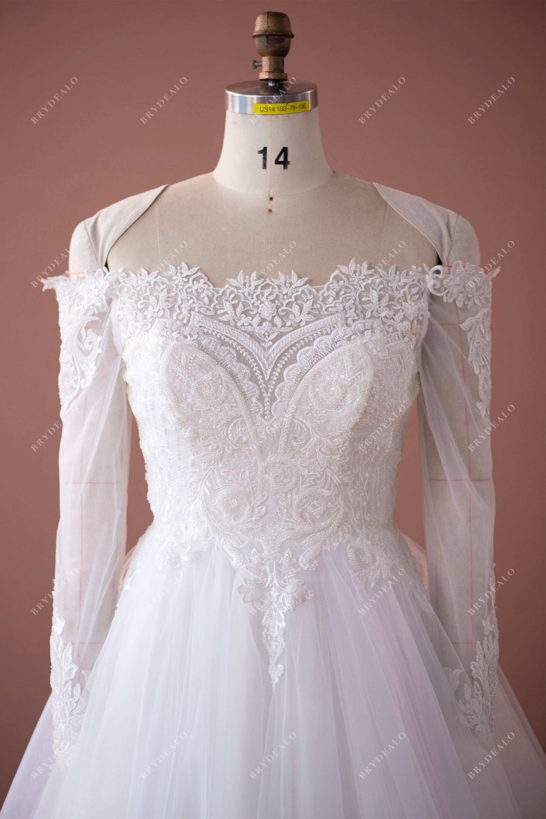 designer beaded lace off shoulder bridal gown