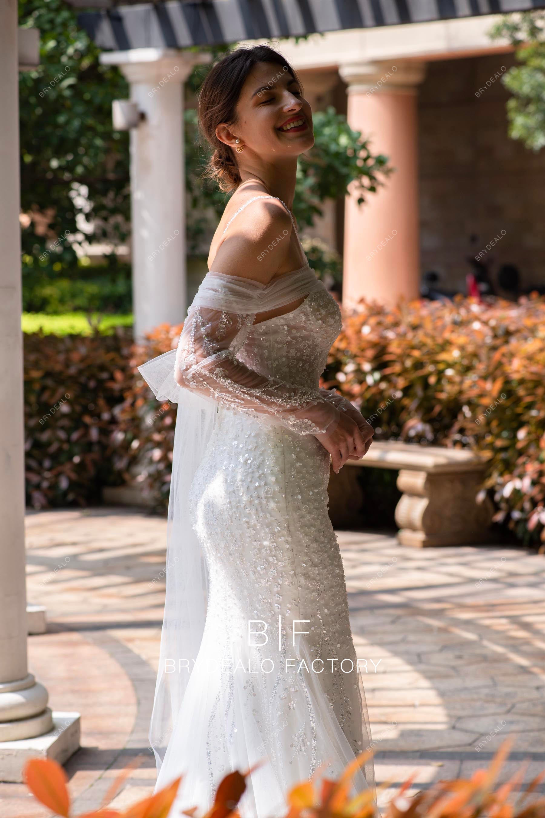 off shoulder sparkly spring fall wedding dress