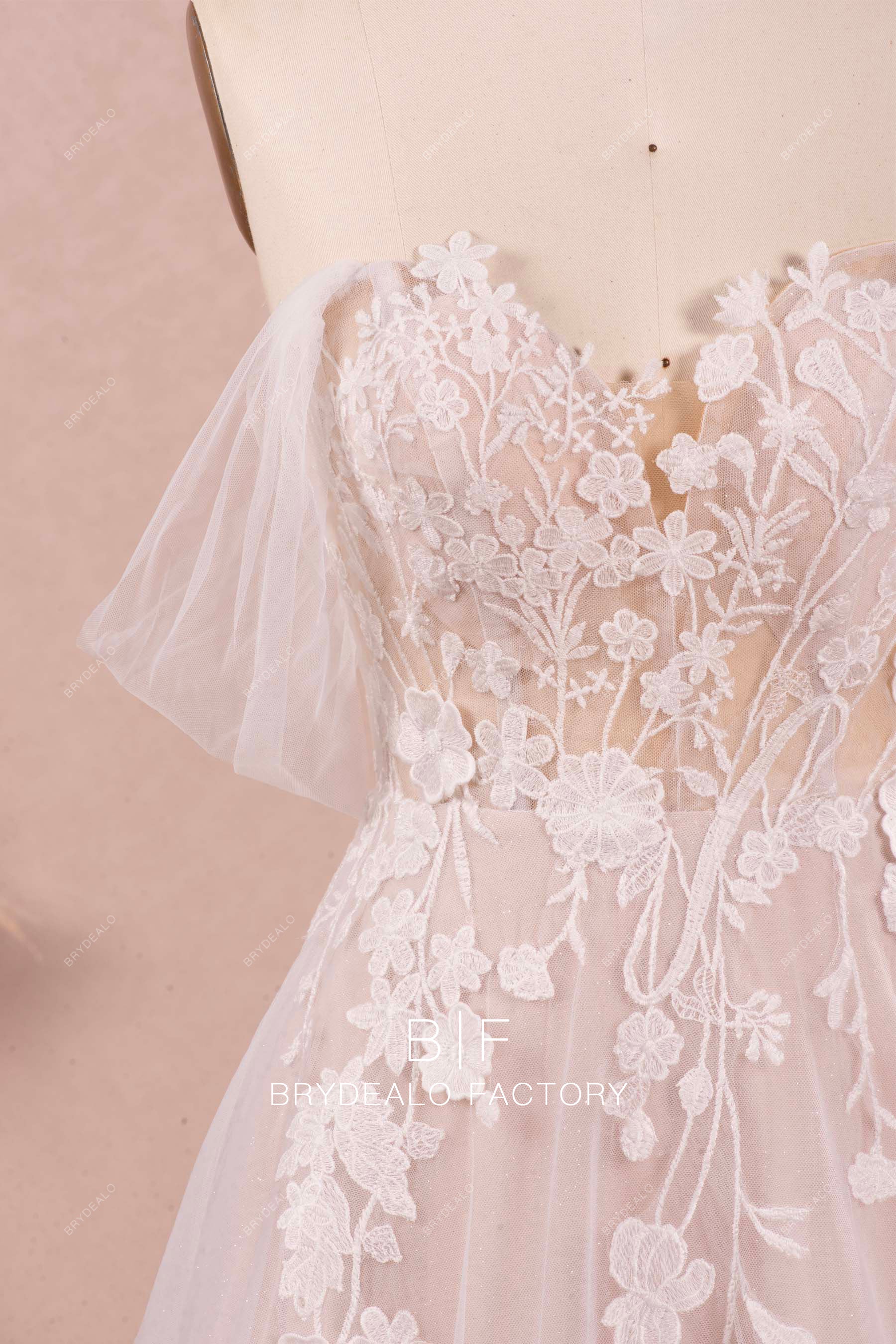 off shoulder sweetheart designer lace wedding dress
