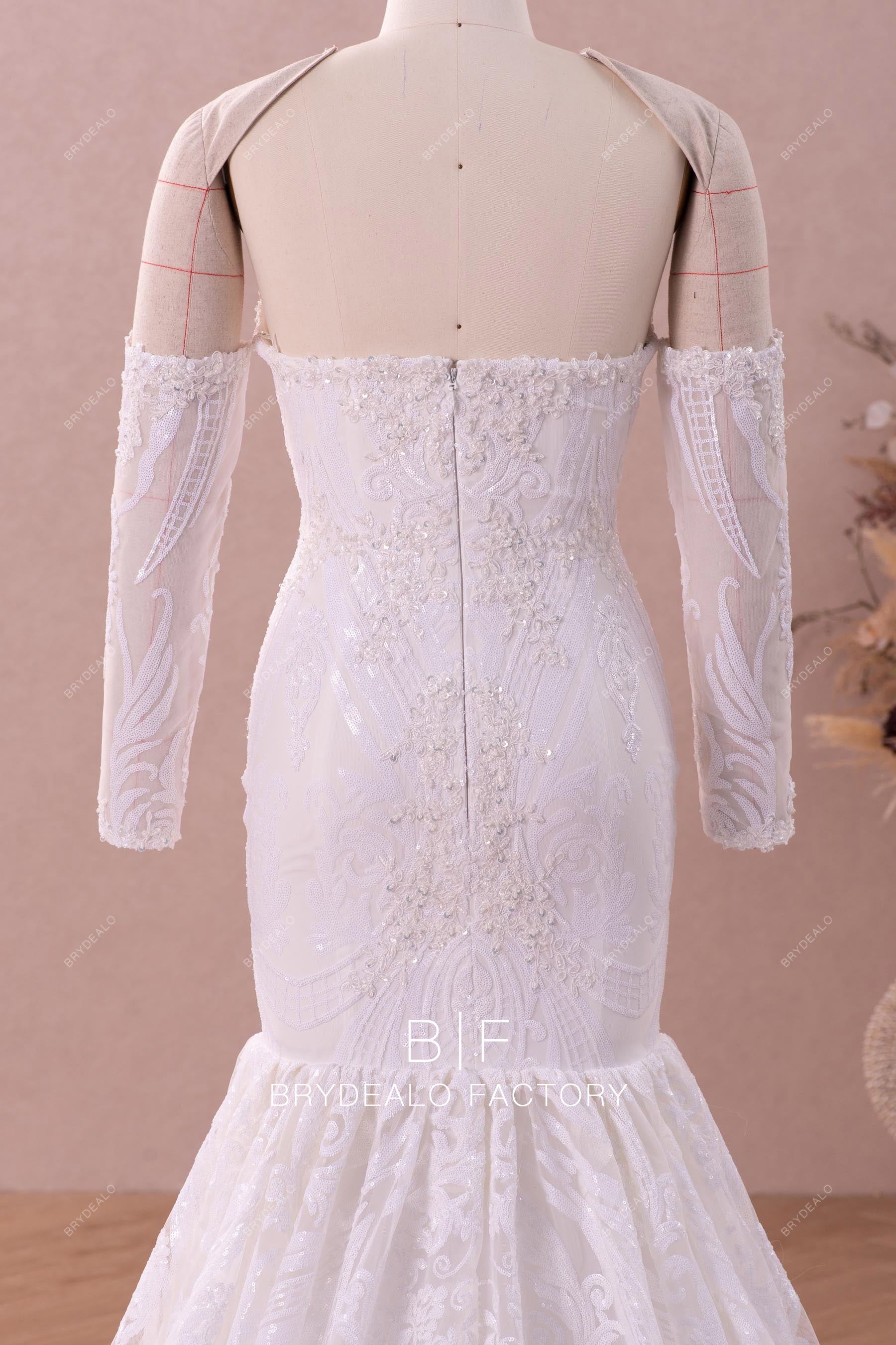off shoulder sleeved sequin wedding dress