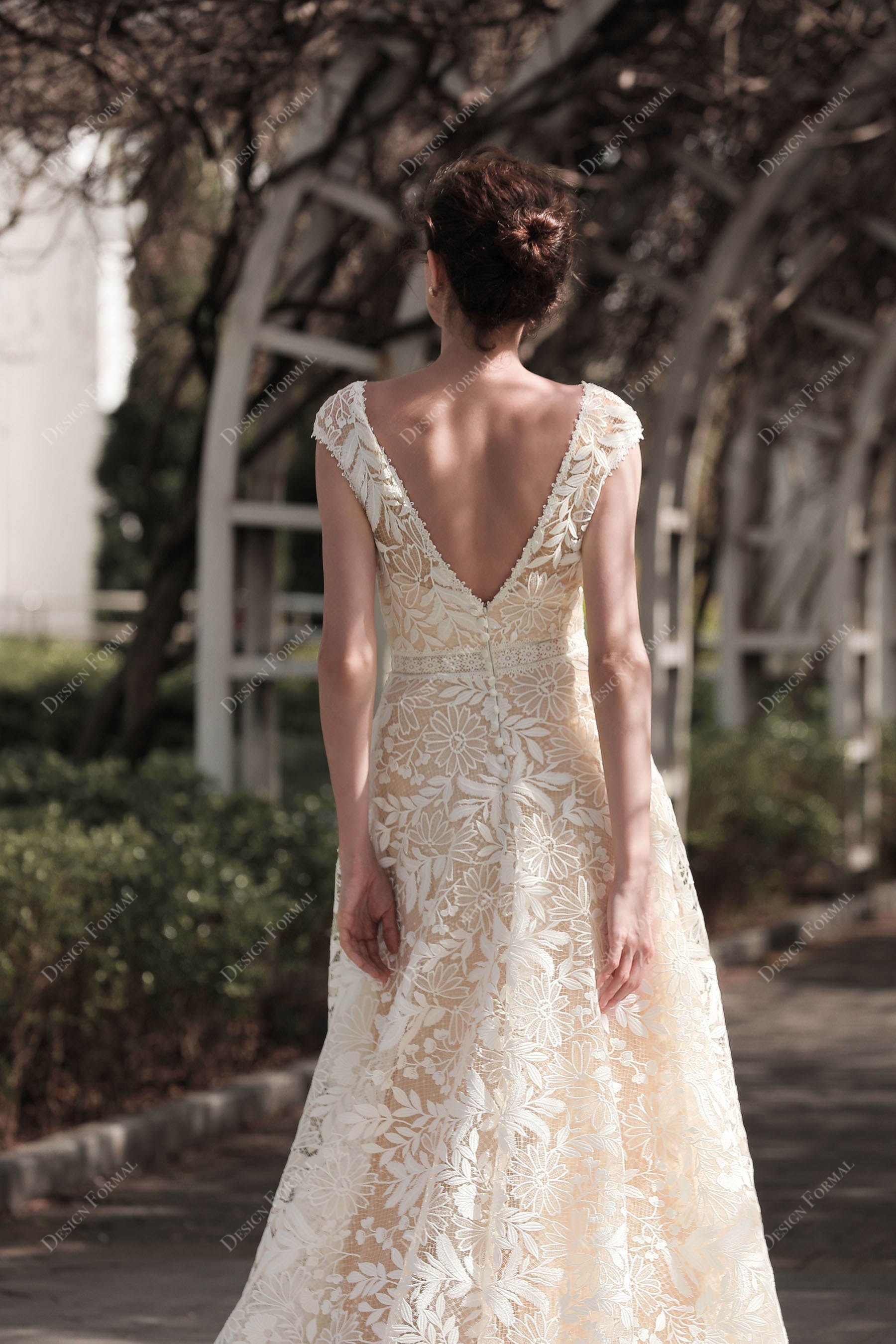 open V-back cap sleeves lace bridal dress