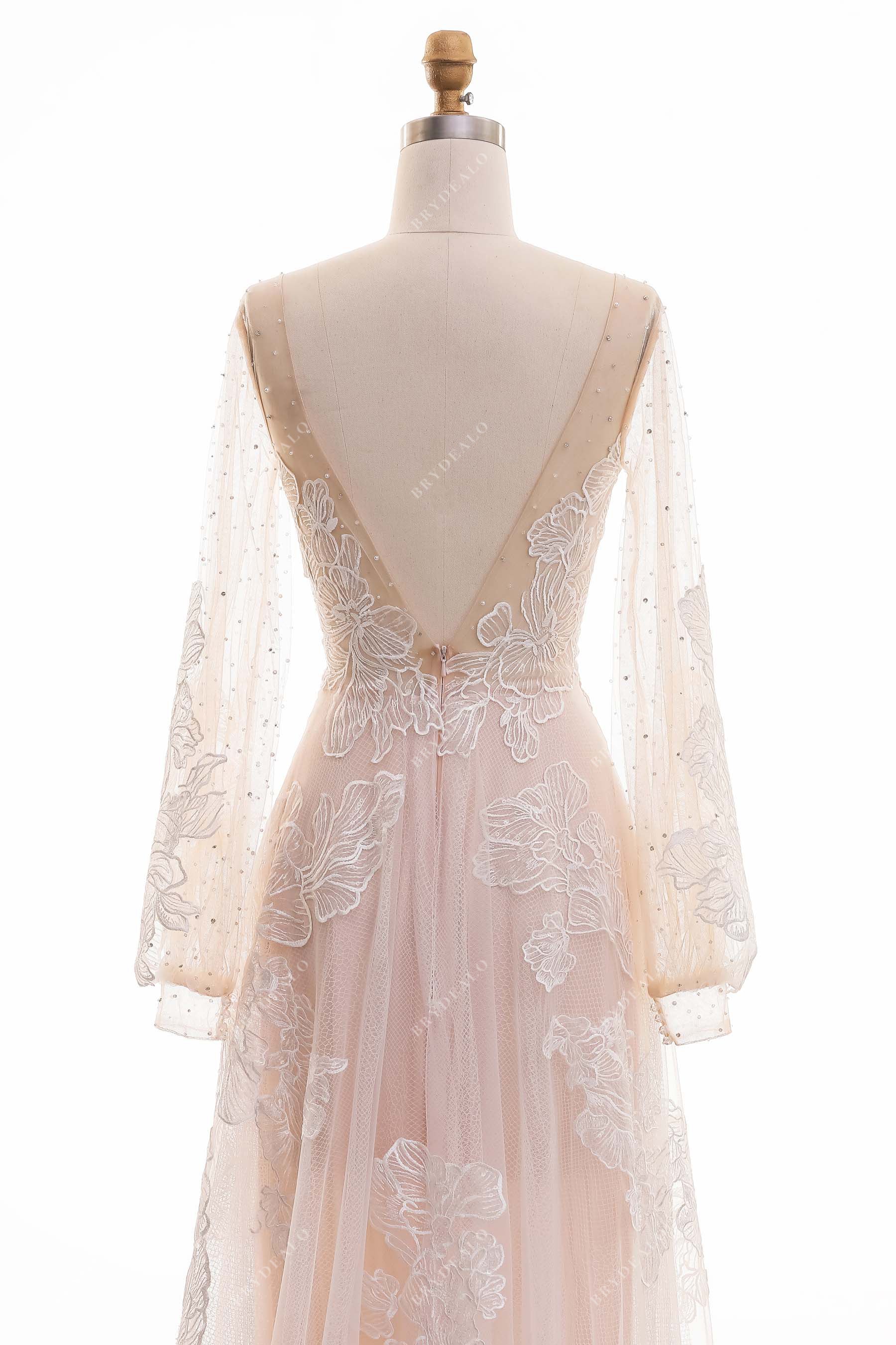 Open V-back sheer sleeves beaded lace bridal dress