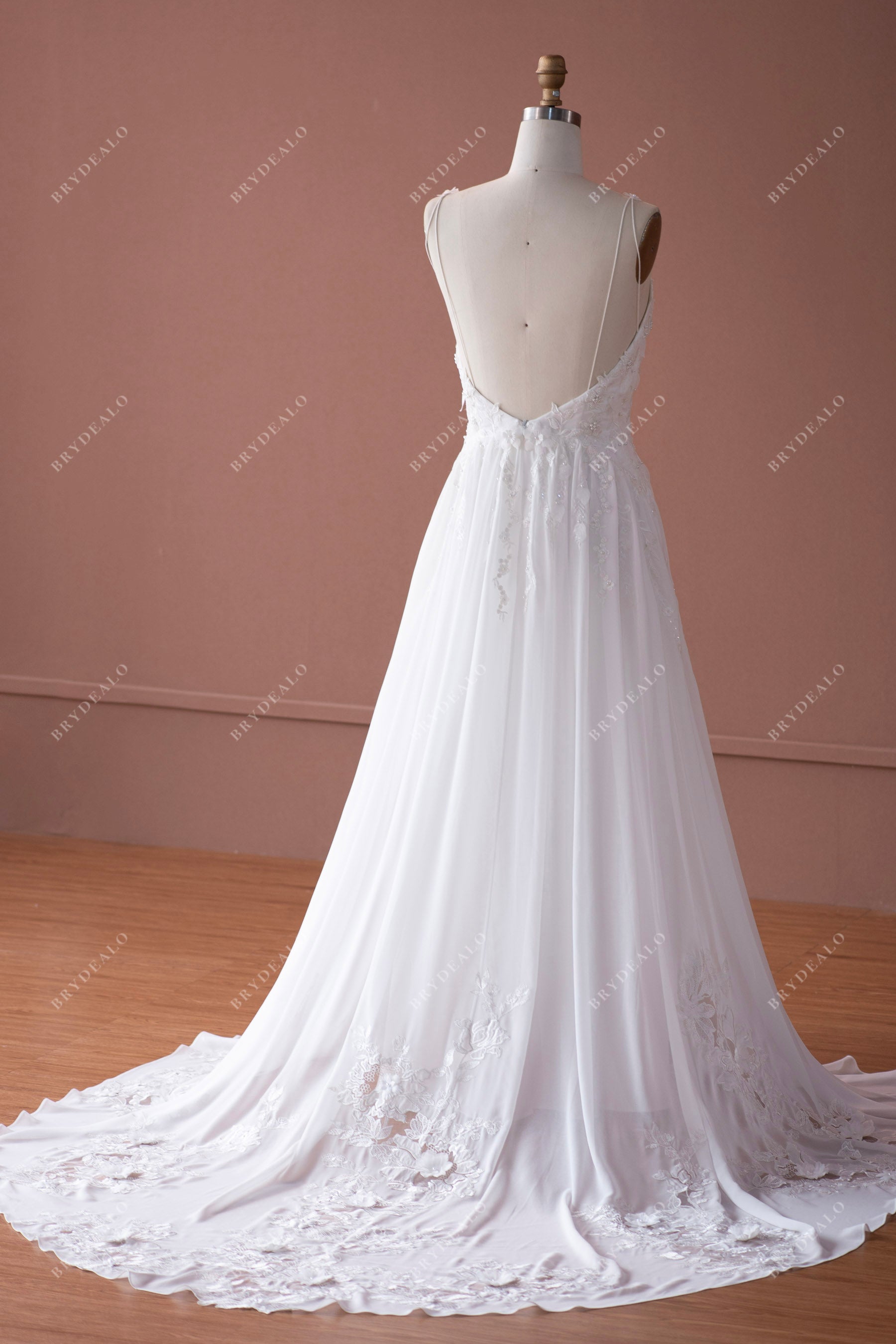 open back boho sweep train wedding dress  