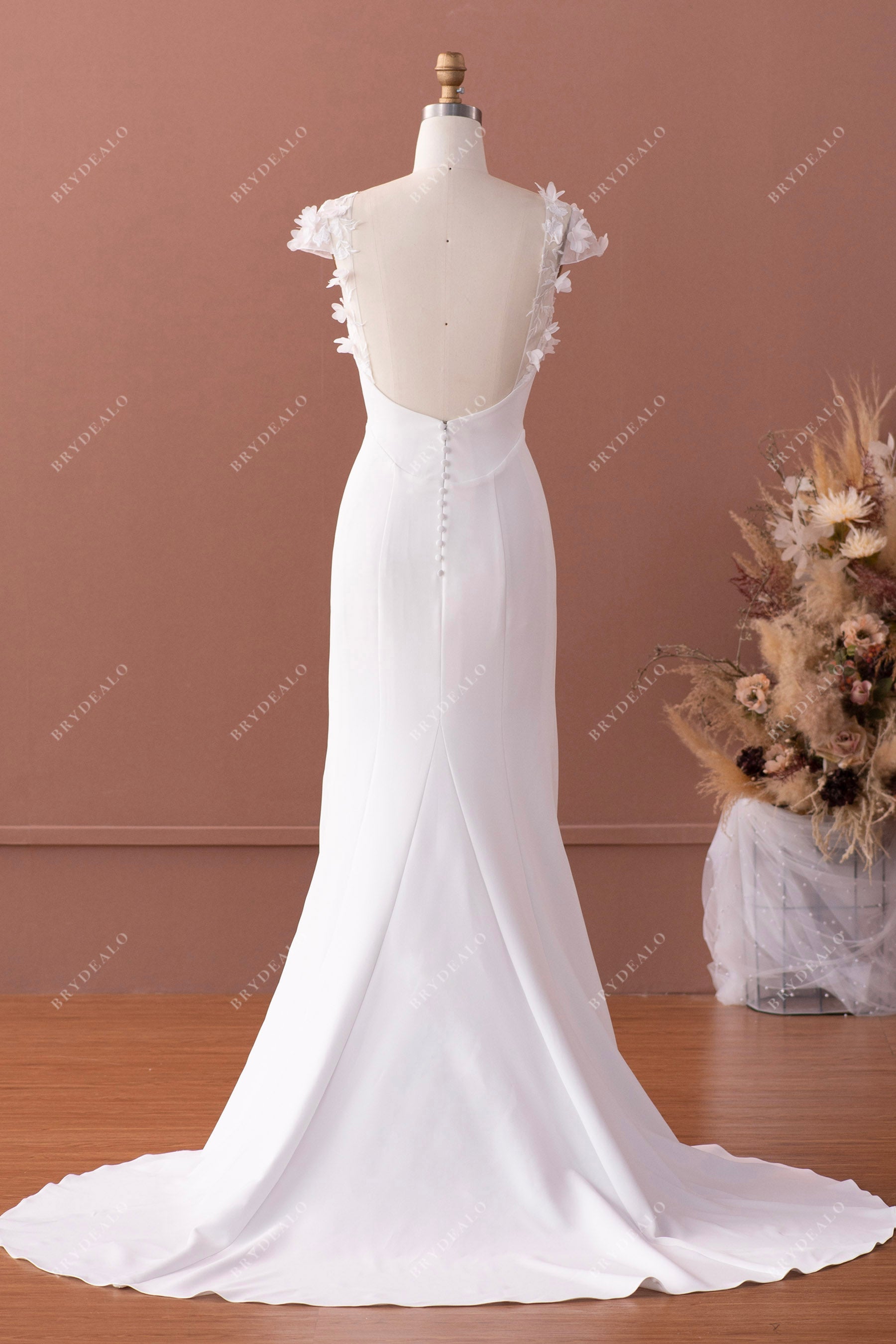 Open back crepe with buttons mermaid elegant wedding dress