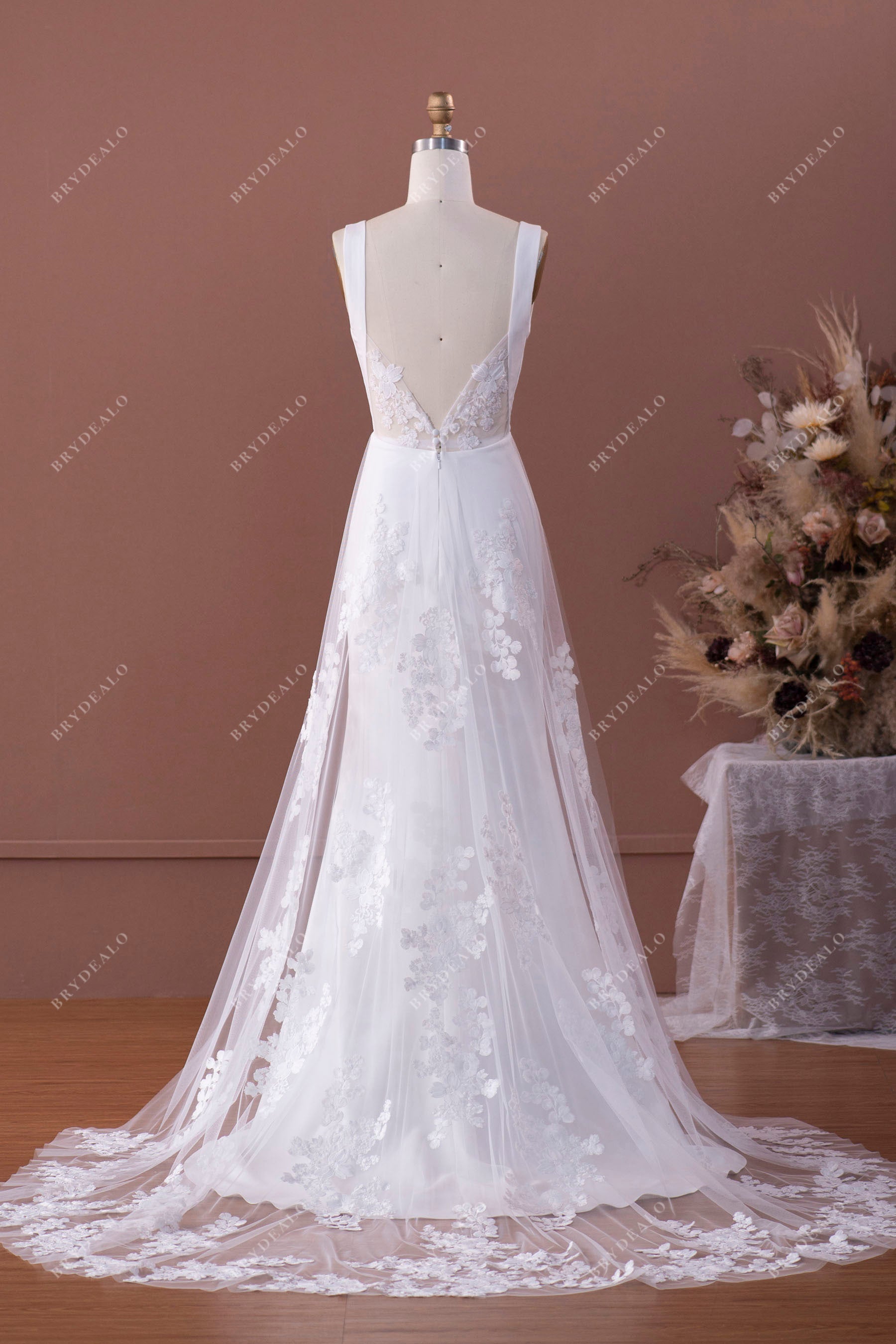 illusion lace open back overskirt bridal gown