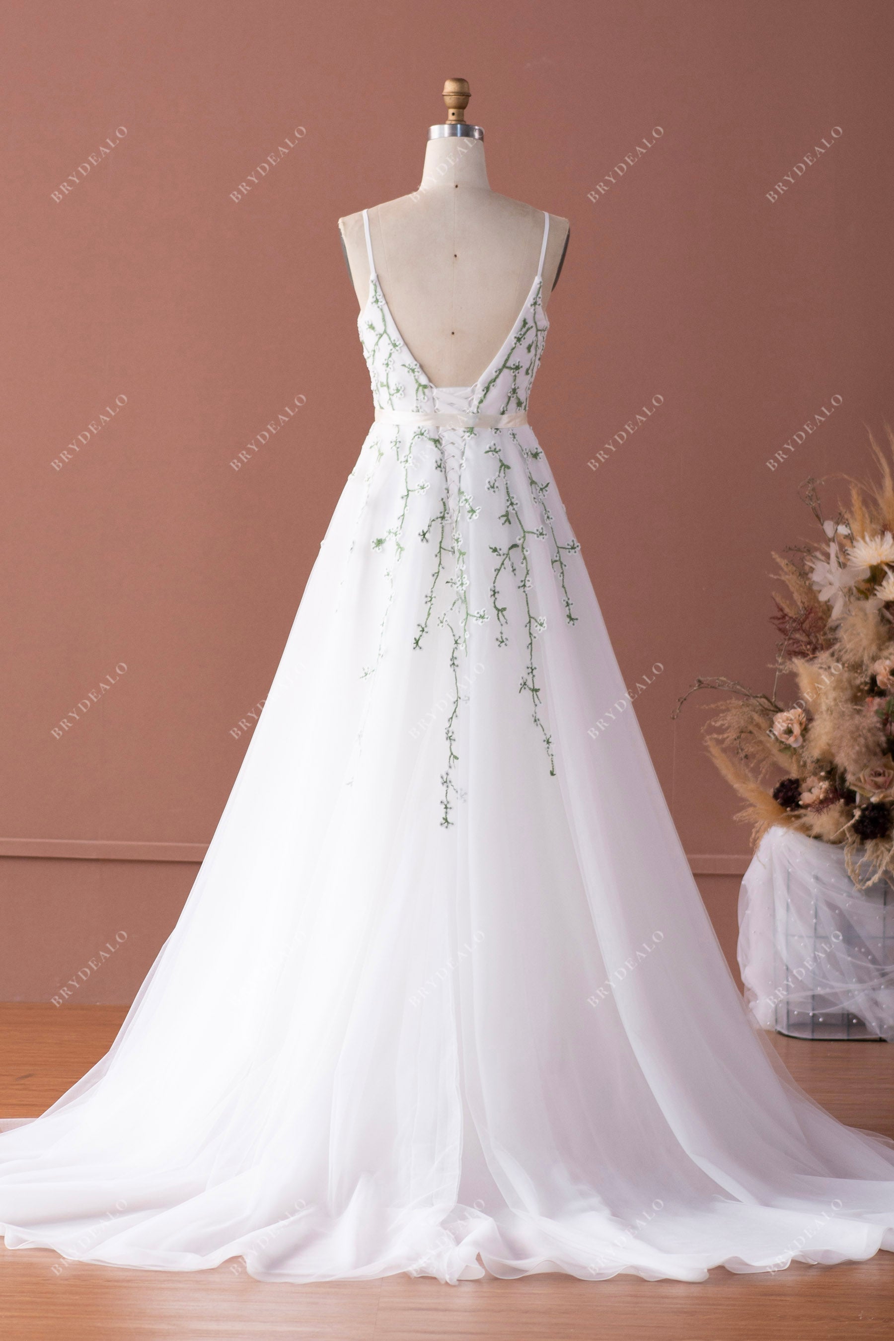 open back long train country wedding dress