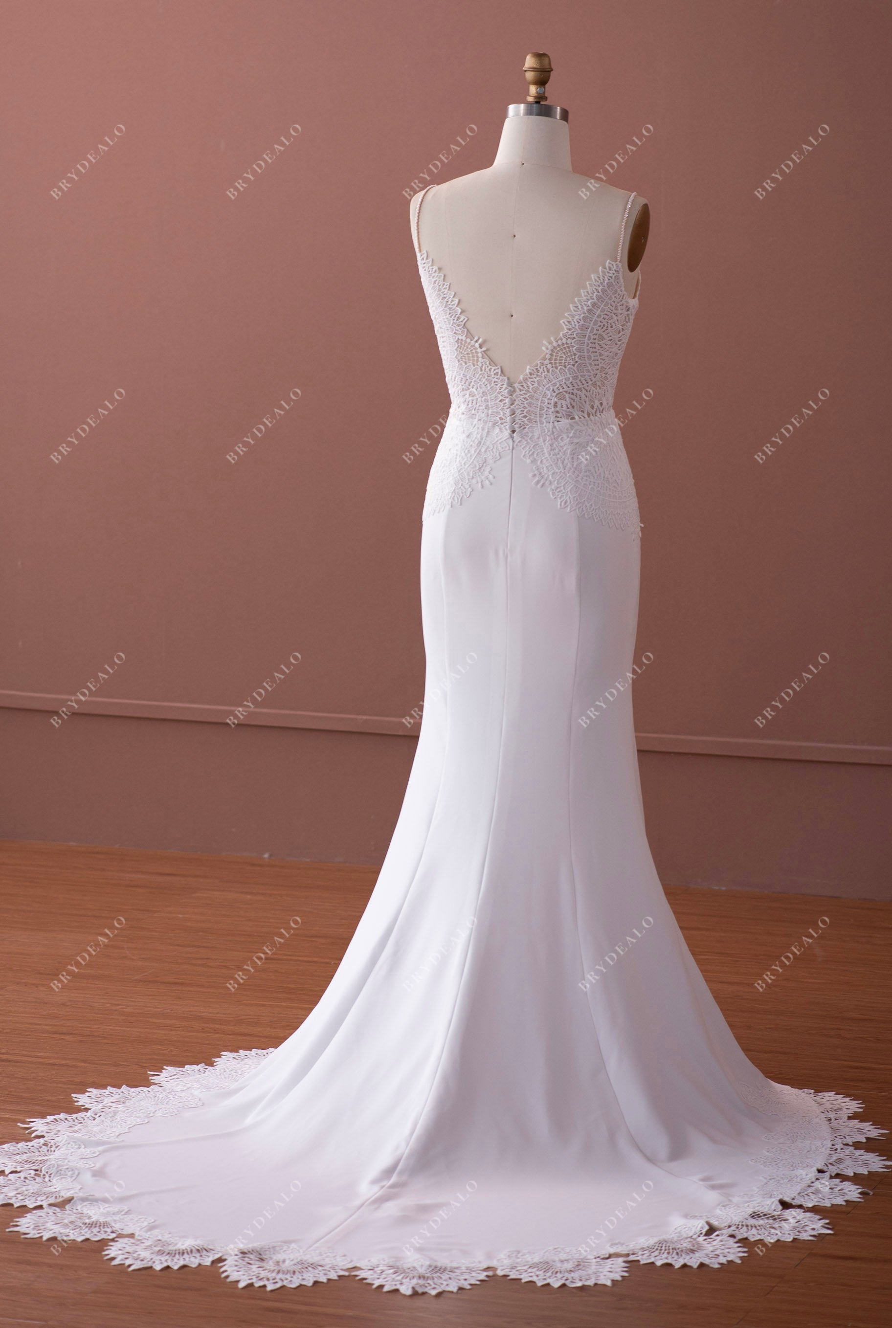 scalloped lace crepe train wedding dress