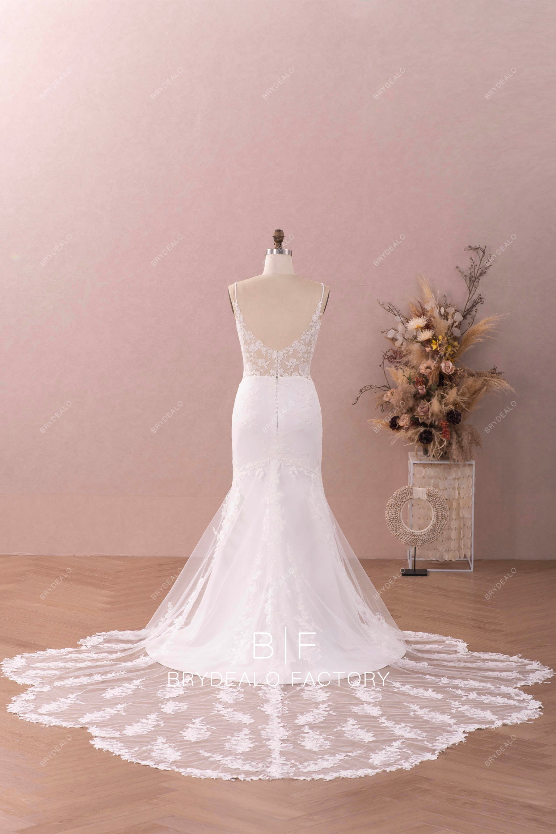 sheer V-back cutout train bridal gown