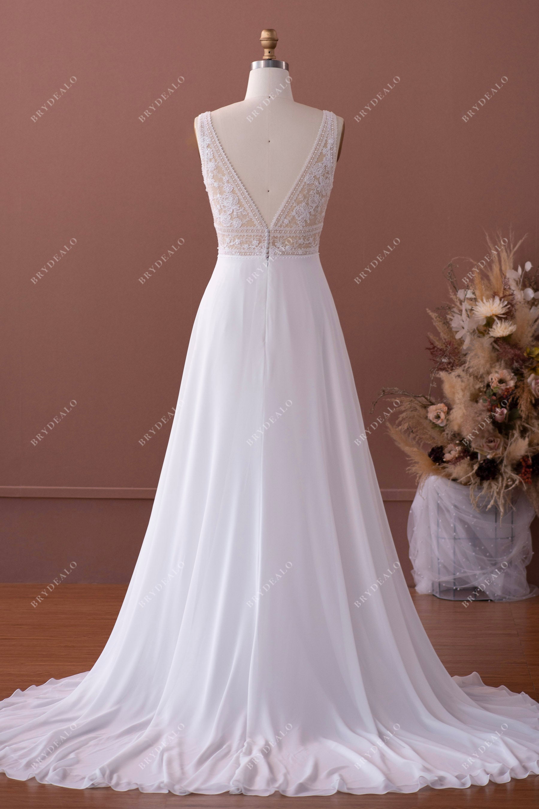 open V-back long chiffon boho wedding dress