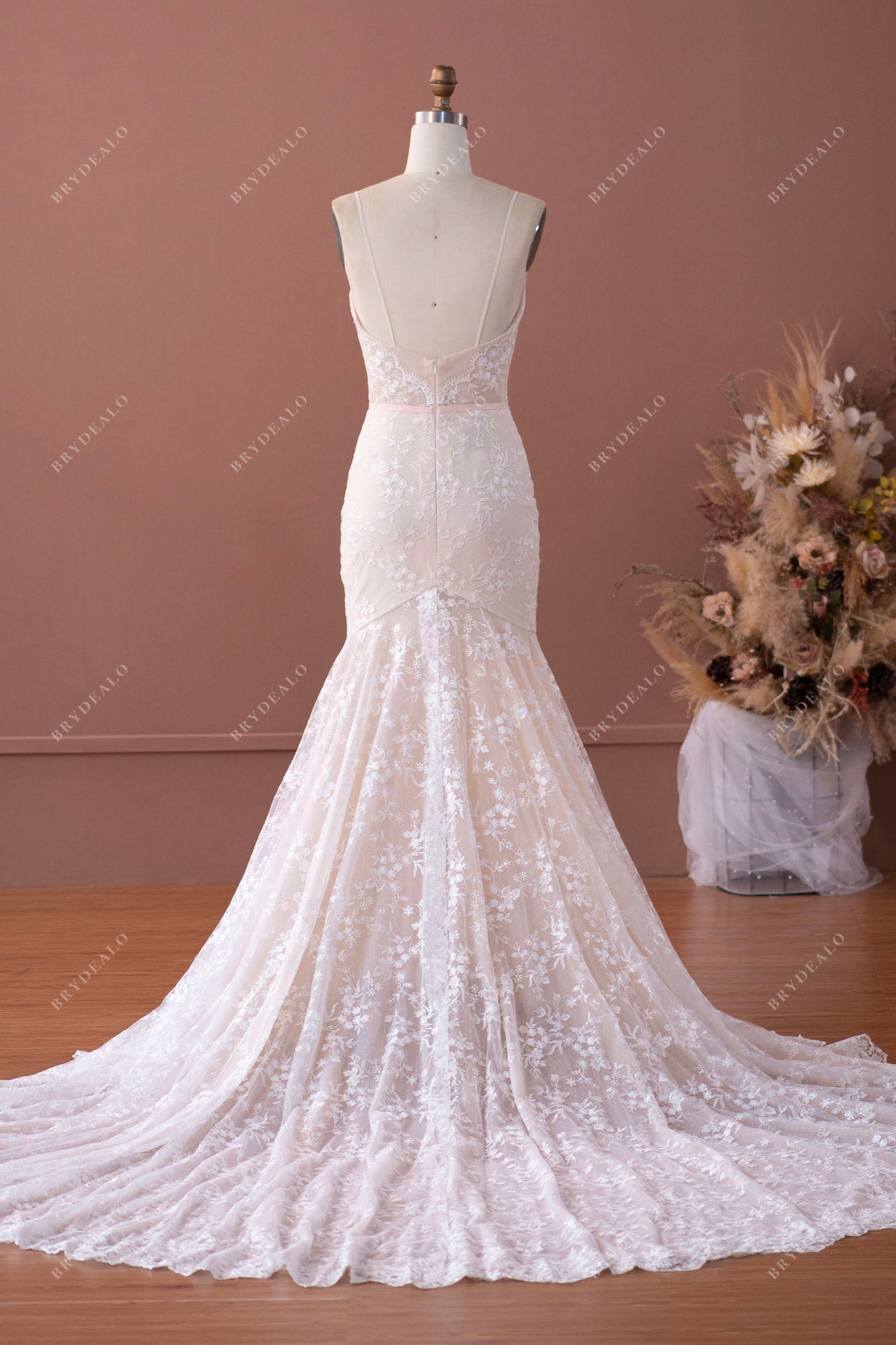 Elegant Spaghetti Strap Summer Wedding Gown with Lace Overlay Brydealo Elegant Spaghetti Strap Summer Wedding Gown with Lace Overlay Brydealo