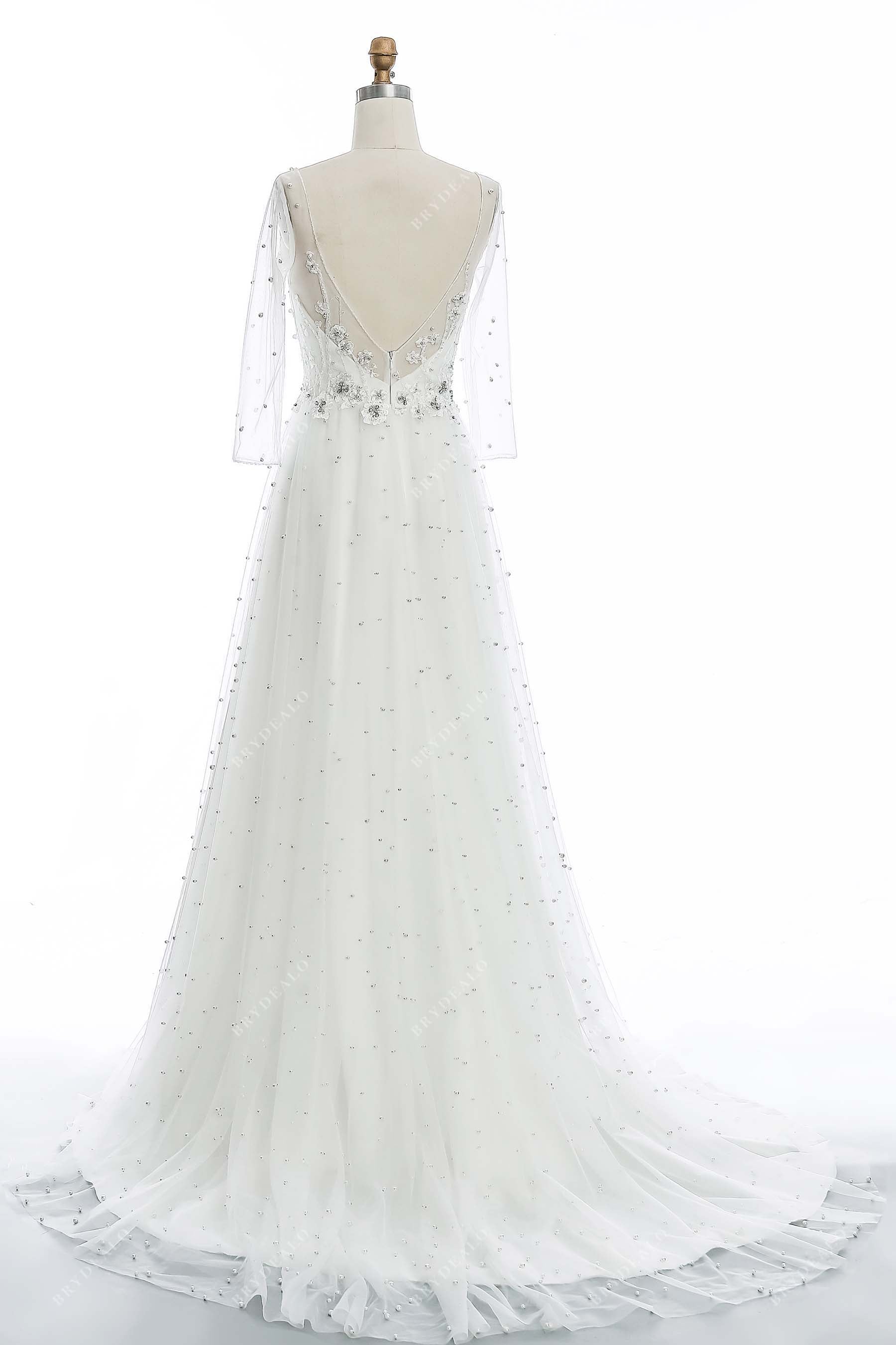 open back sheer sleeves court train A-line wedding dress