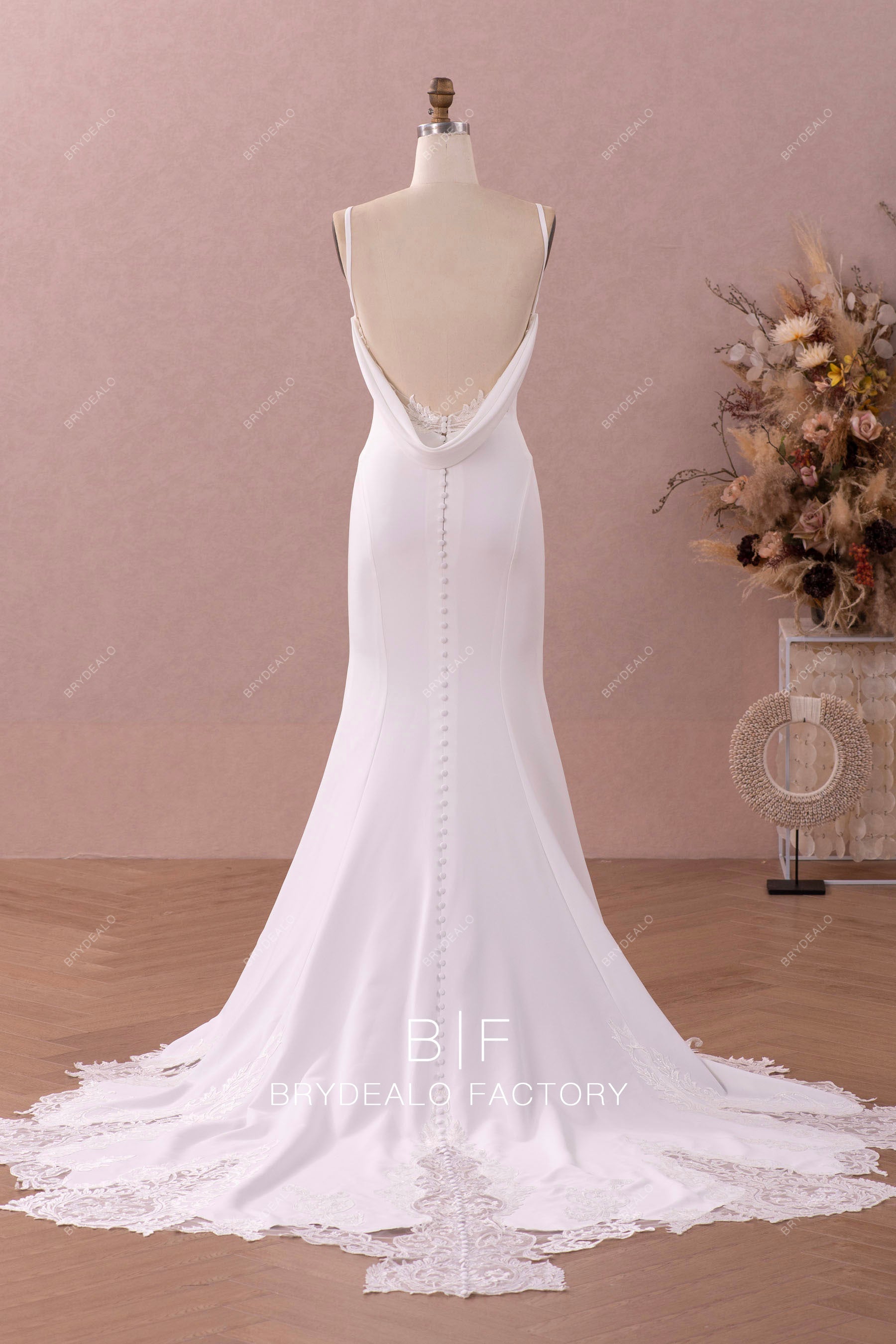 open cowl back crepe mermaid spring fall wedding dress
