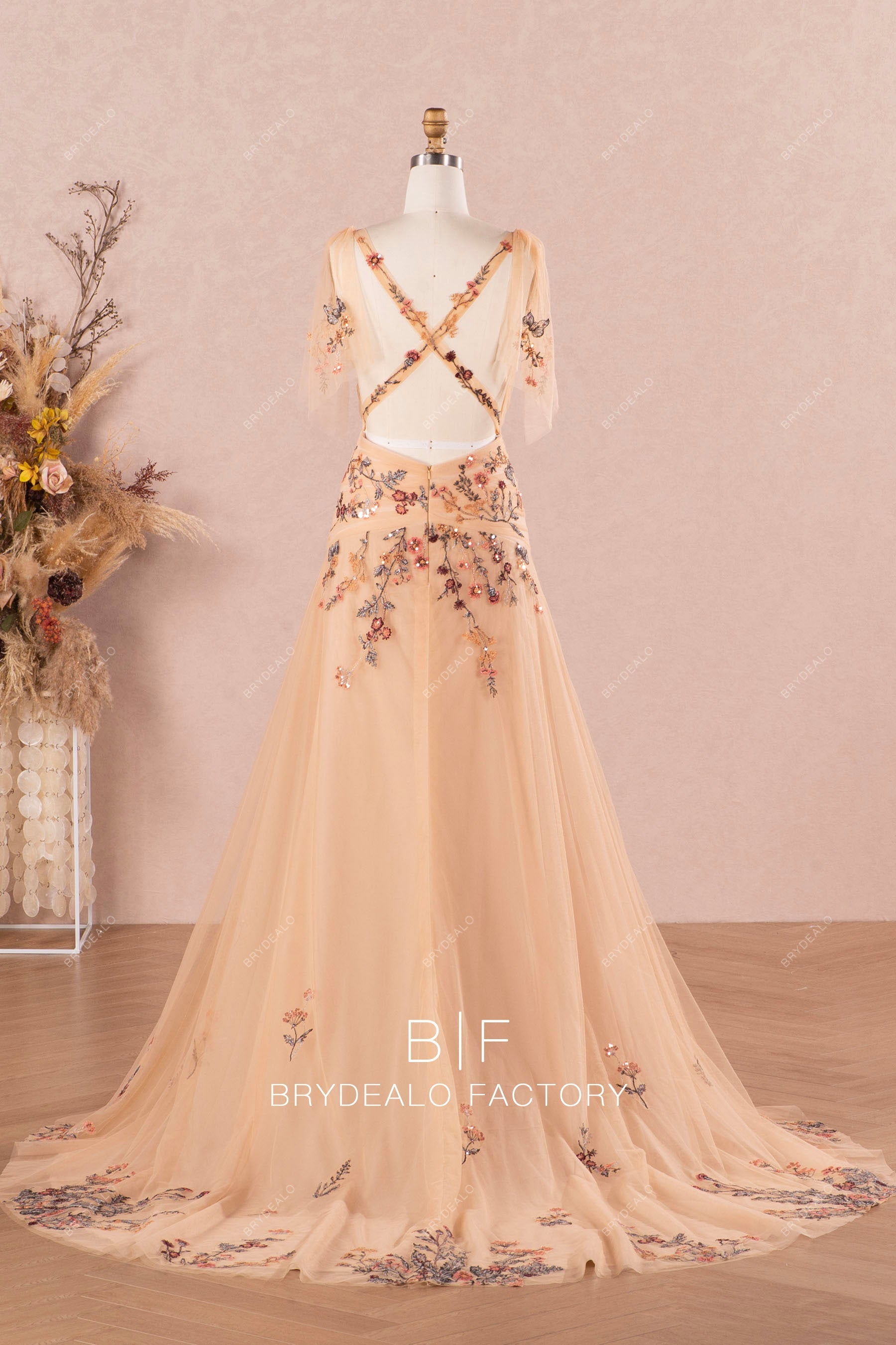 open criss-cross back nude tulle spring fall wedding dress