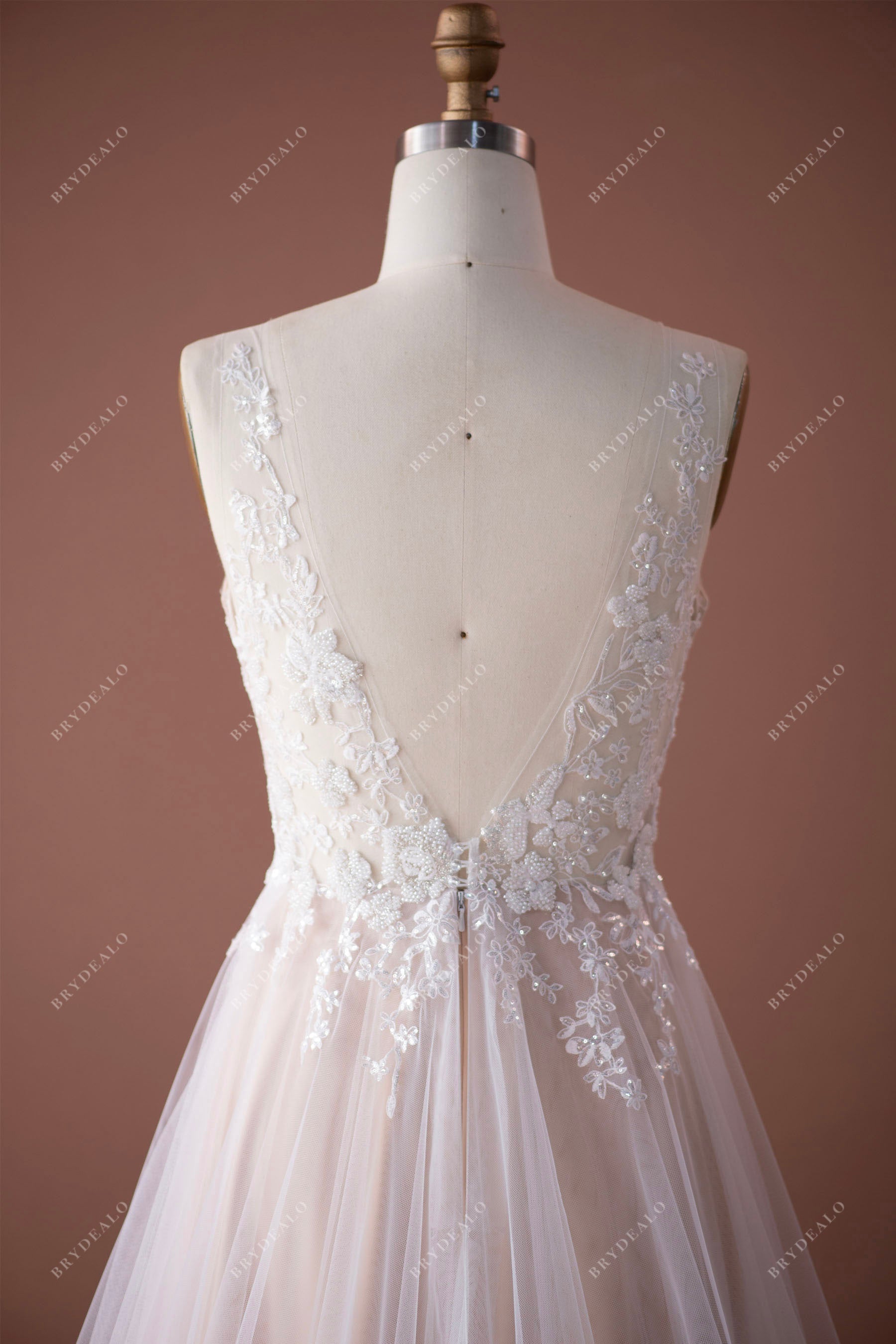 illusion V-back destination nude beige wedding gown