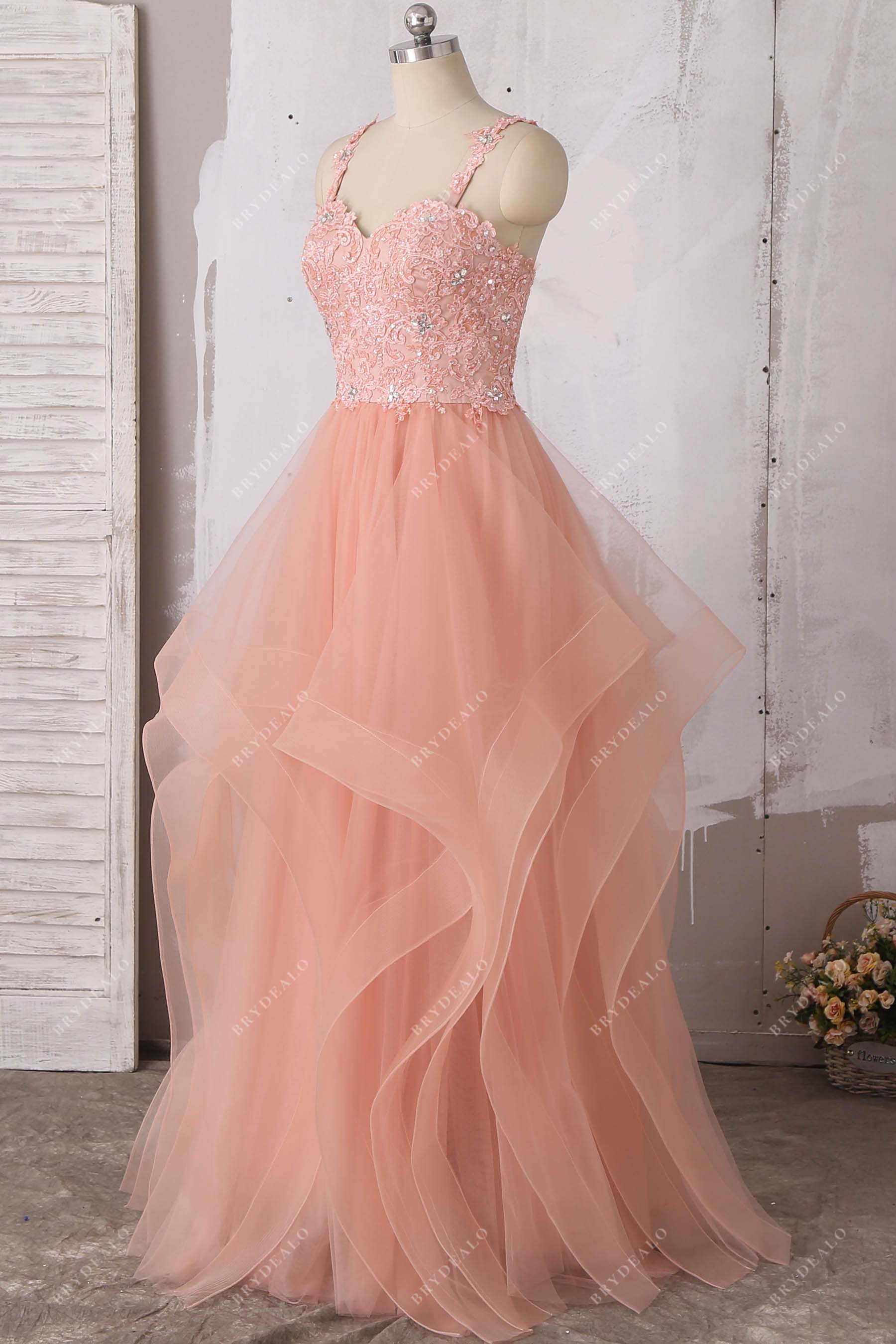 gorgeous peach pink lace tulle prom dress