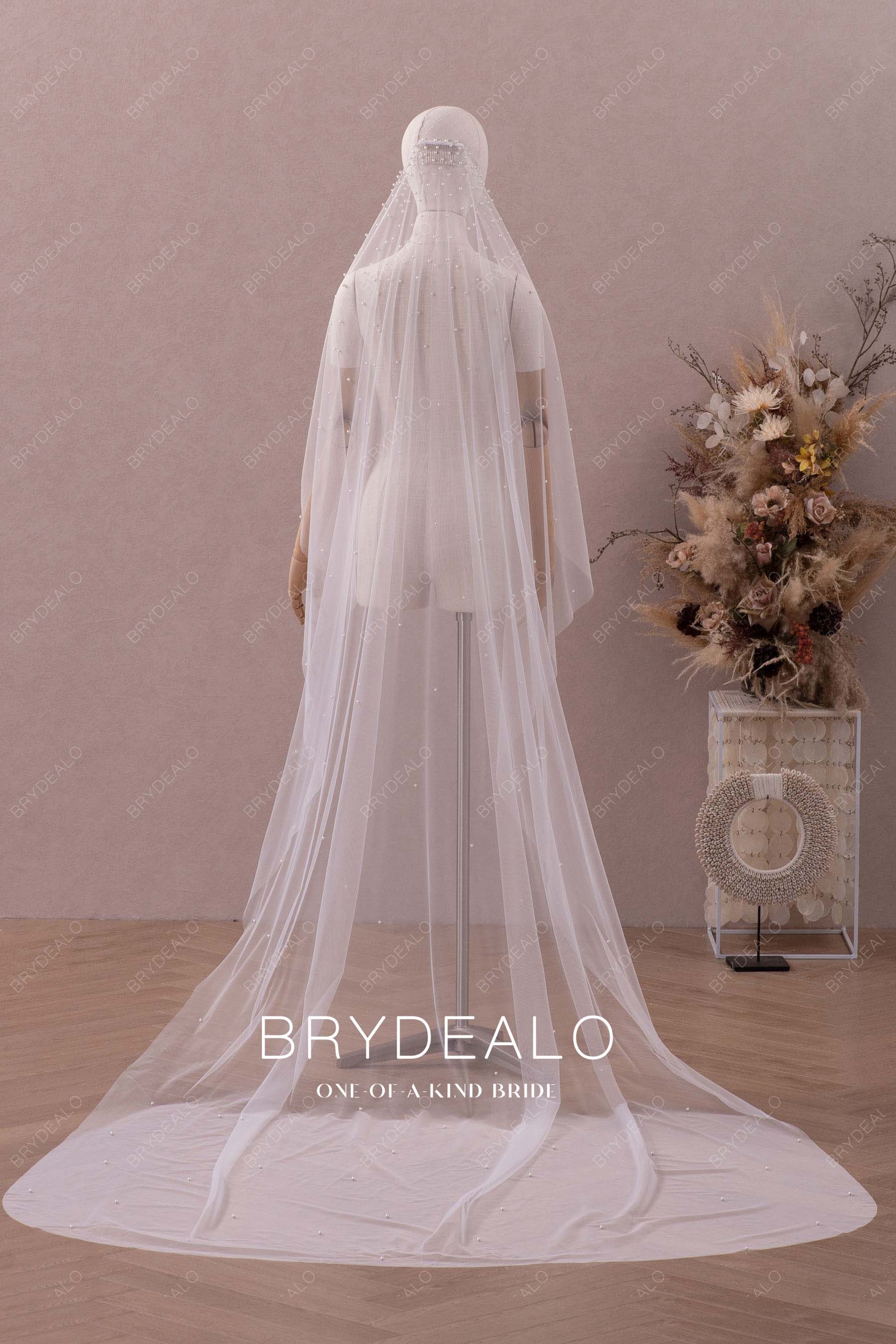 Delicate Pearls Elegant Cathedral Length Bridal Veil