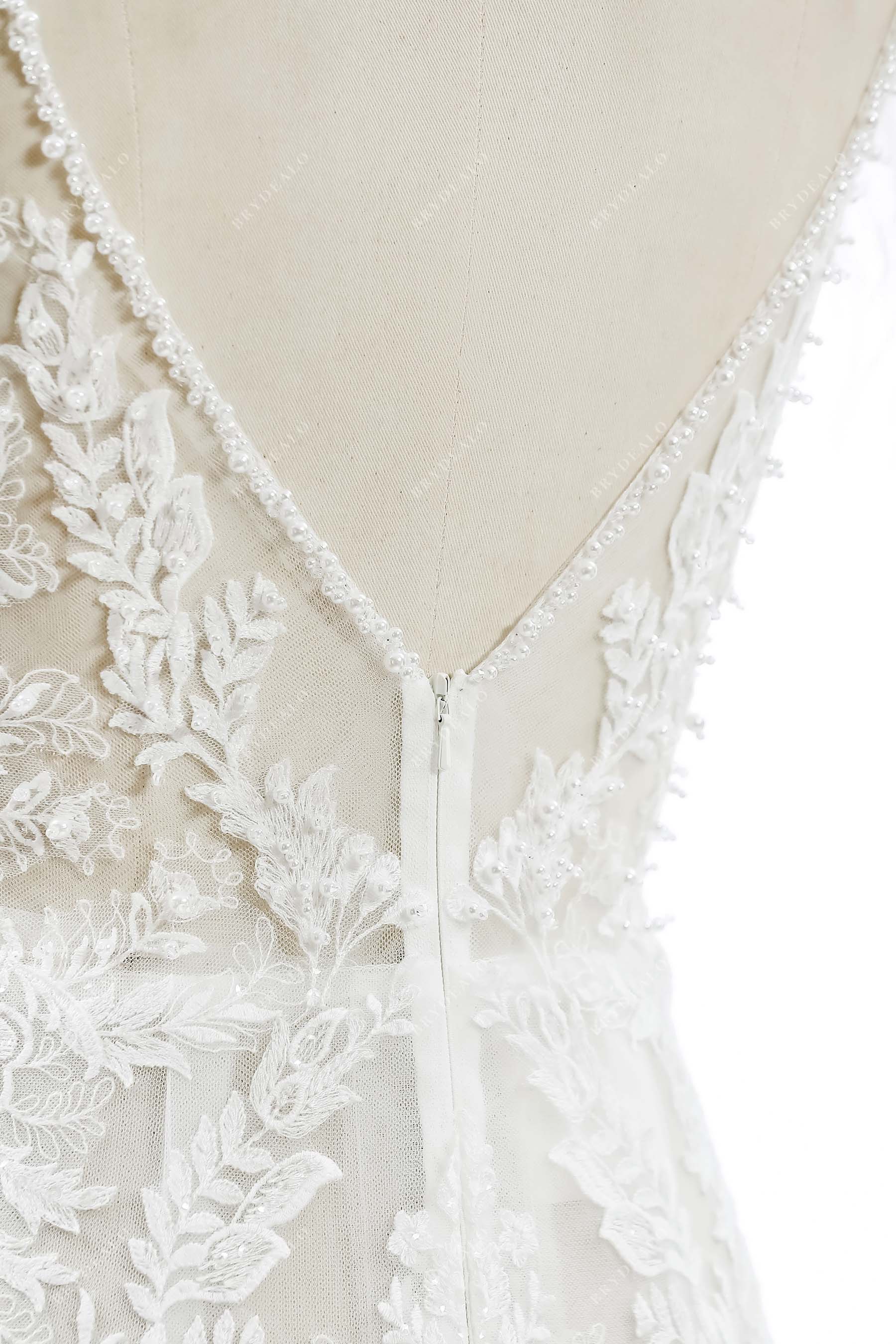 destination pearls sheer V-back bridal dress