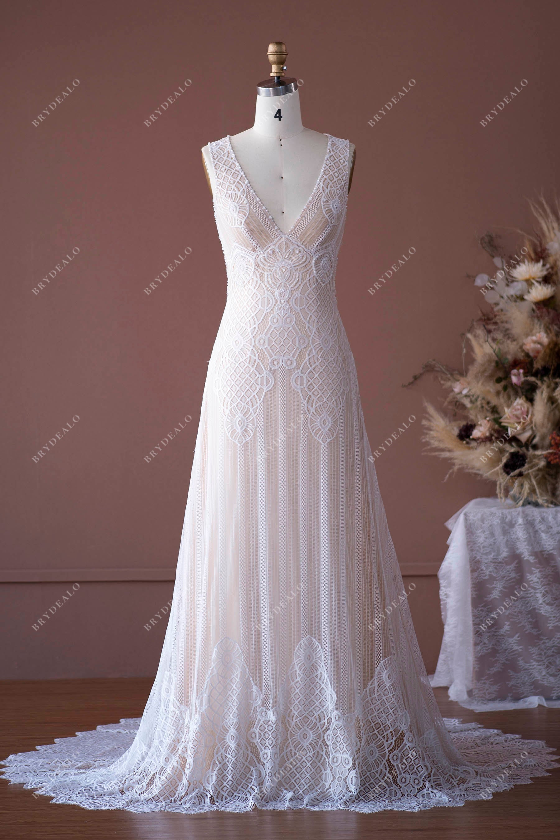 V-neck Pearls Sleeveless Boho Wedding Dress