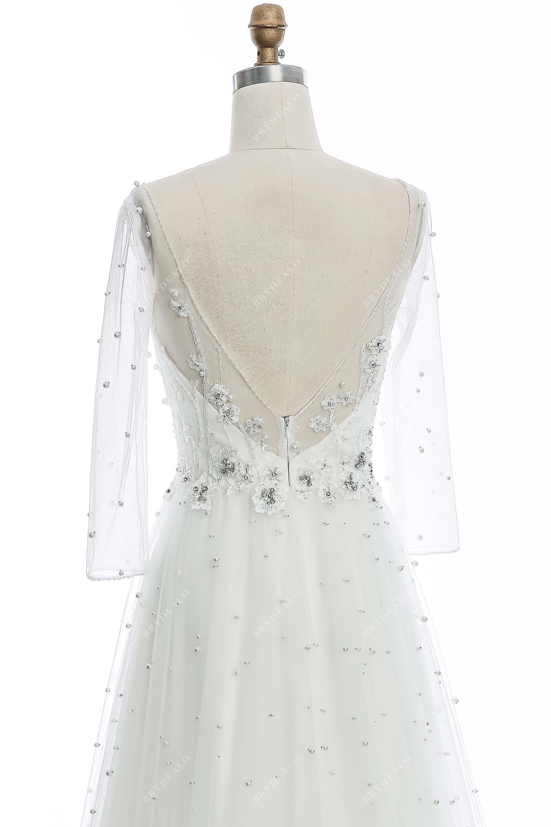 timeless pearls tulle sheer V-back wedding dress