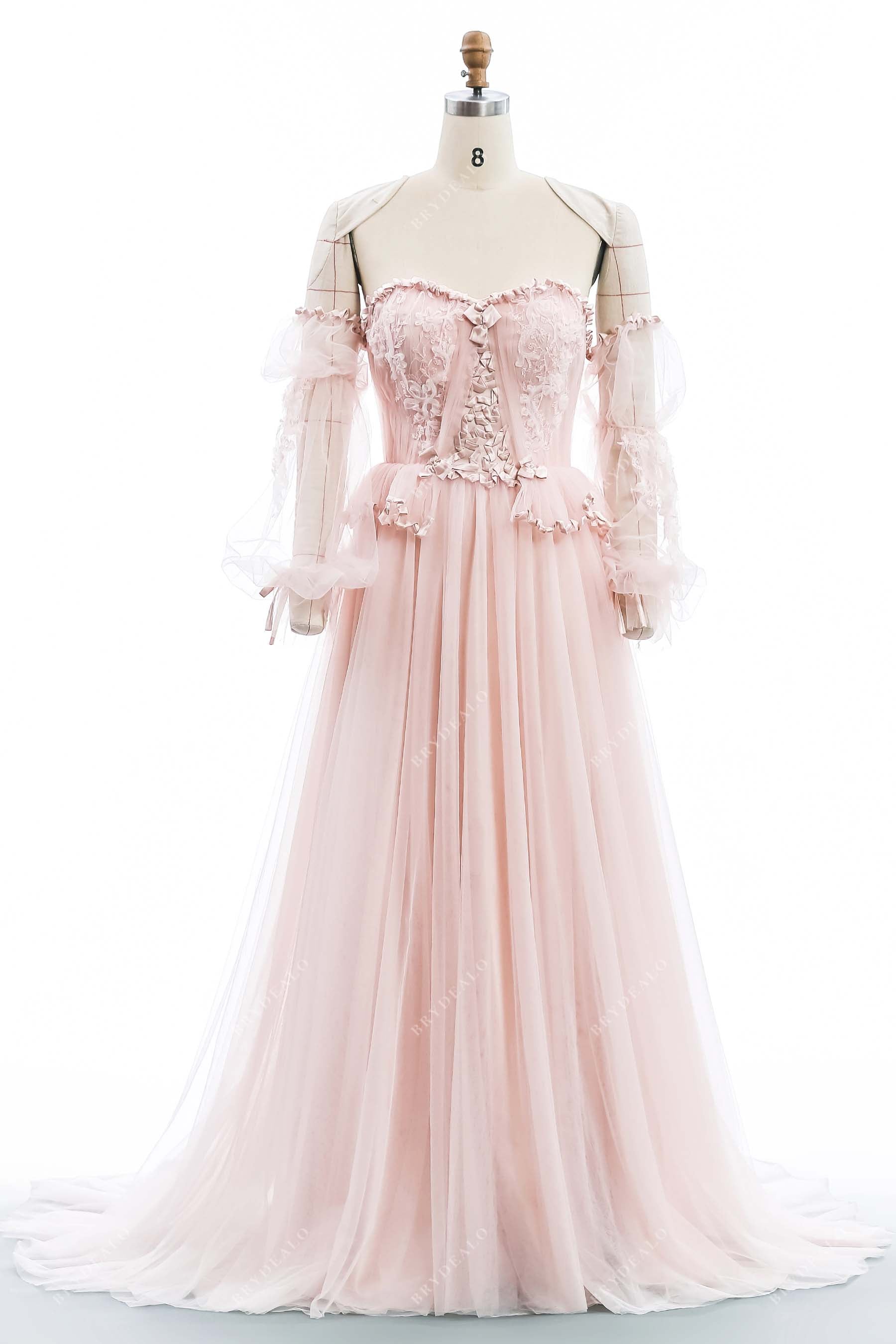 Pearl Pink Lace Tulle Designer Sweetheart Corset Wedding Dress