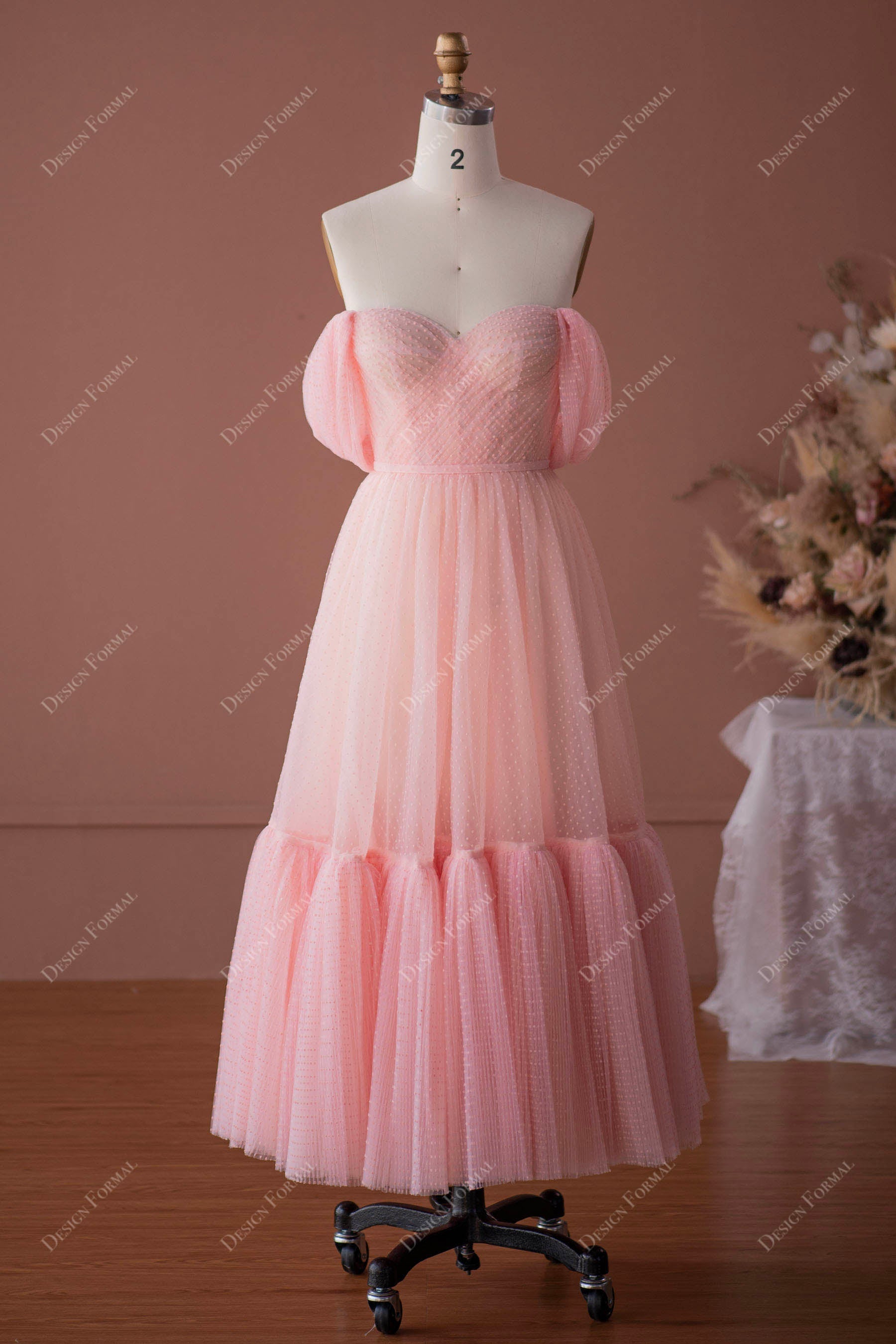 Pink Dot Tulle Off-Shoulder Prom Dress