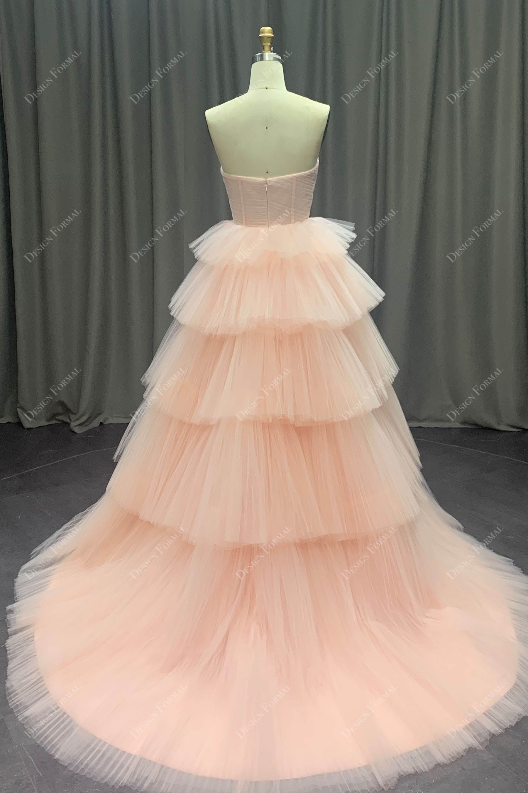 Blushing Pink Designer Tiered Pleated Tulle Bridal Gown