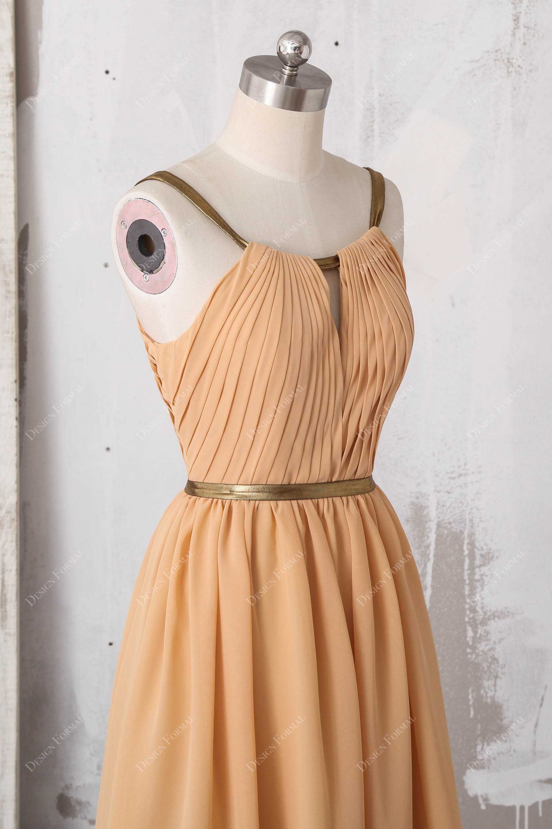 Pleated chiffon apricot belt bridesmaid dress