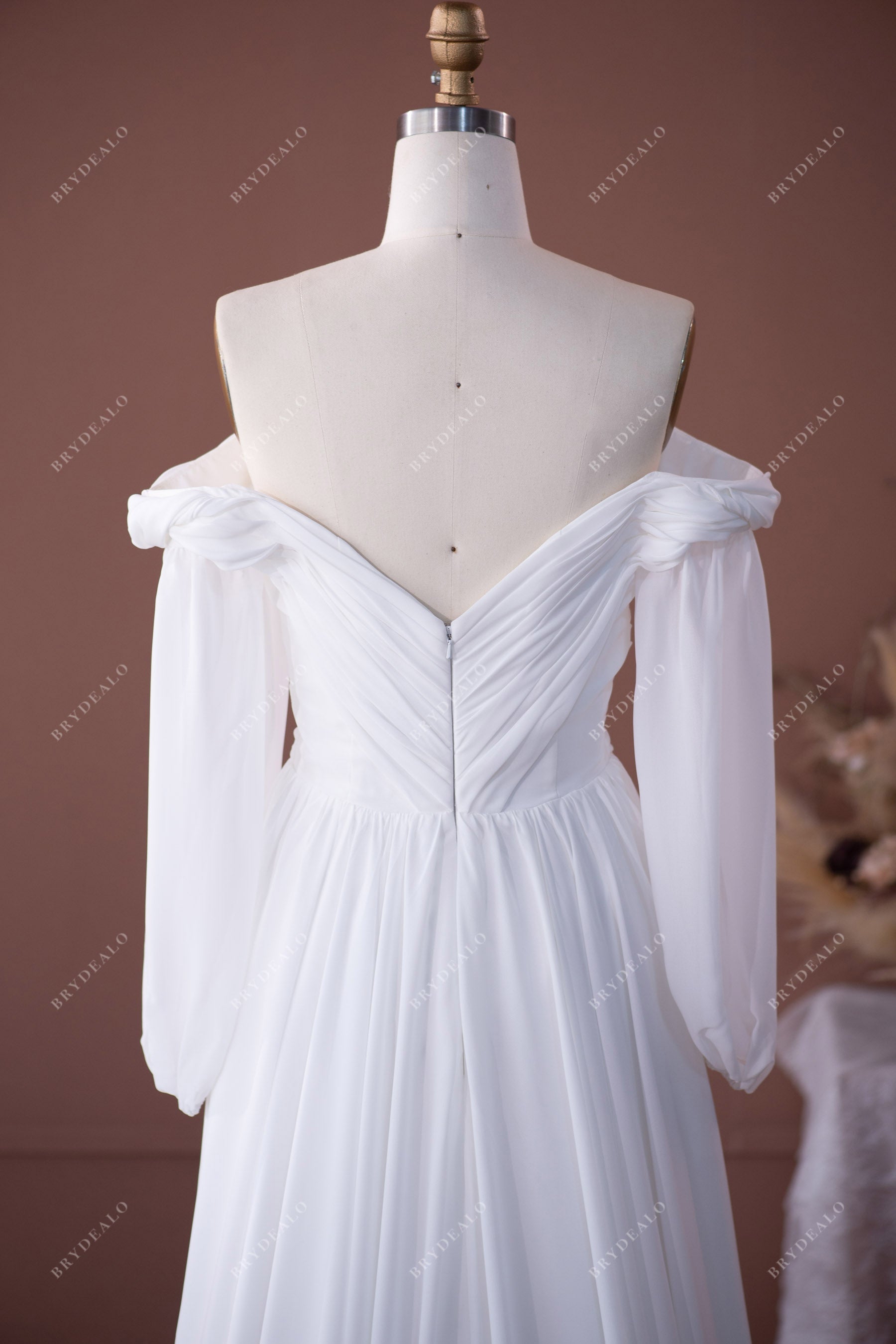 boho pleated V-back chiffon bridal gown