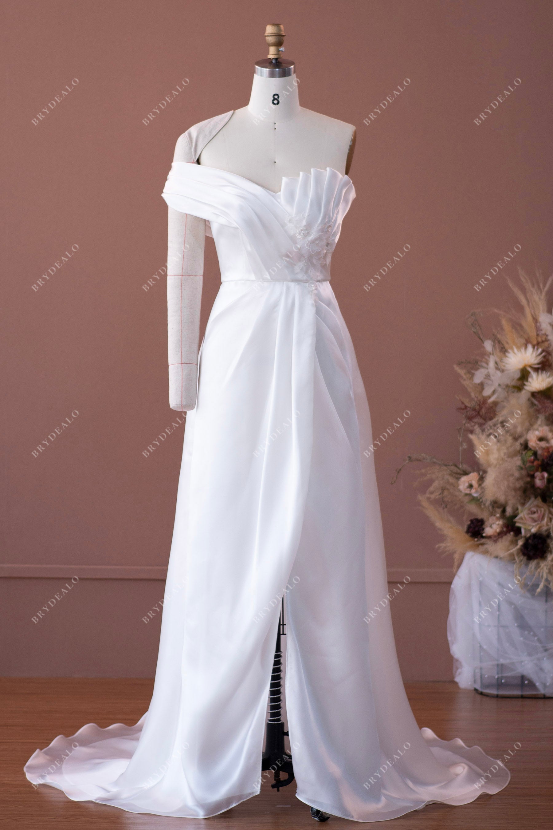 Asymmetrical Ruffled Neck One Sleeve Slit Bridal Gown