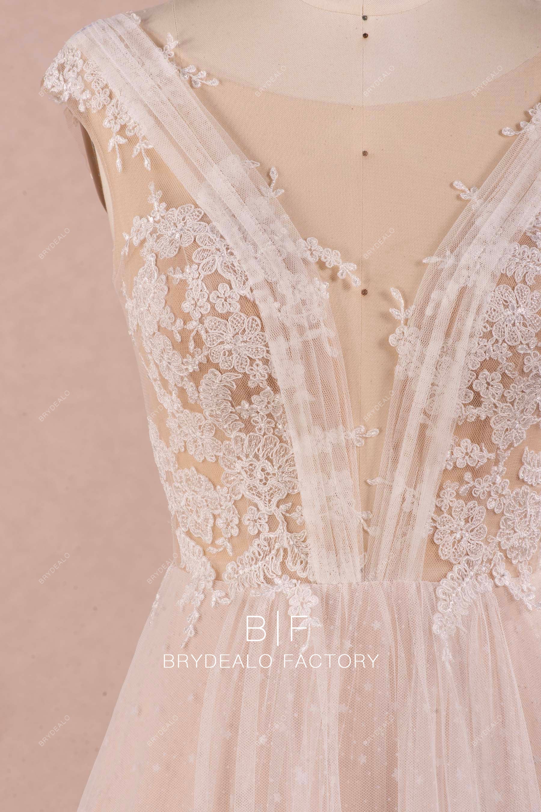 pleated plunging neck designer lace wedding dress
