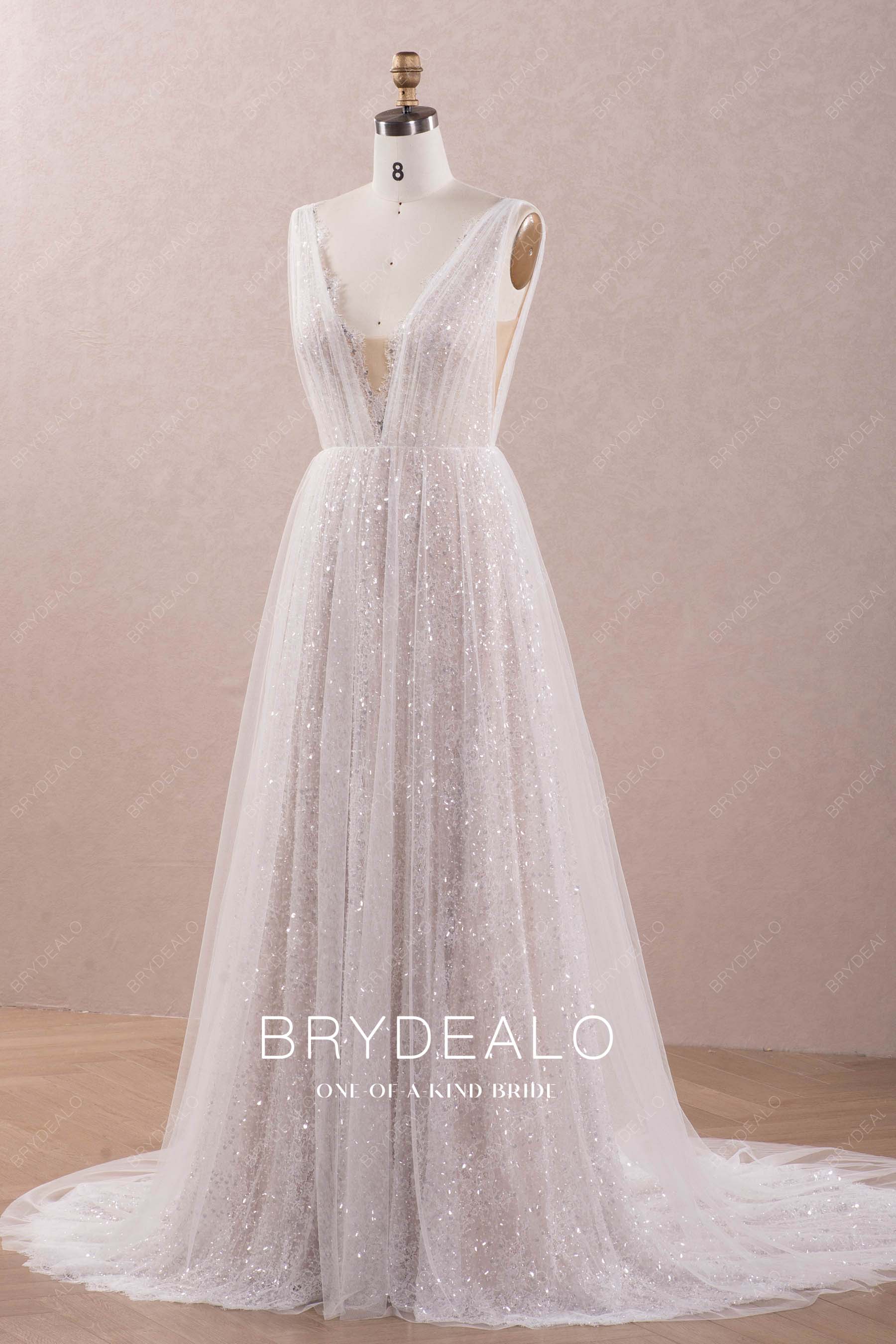 pleated straps sparkly lace sleeveless wedding gown