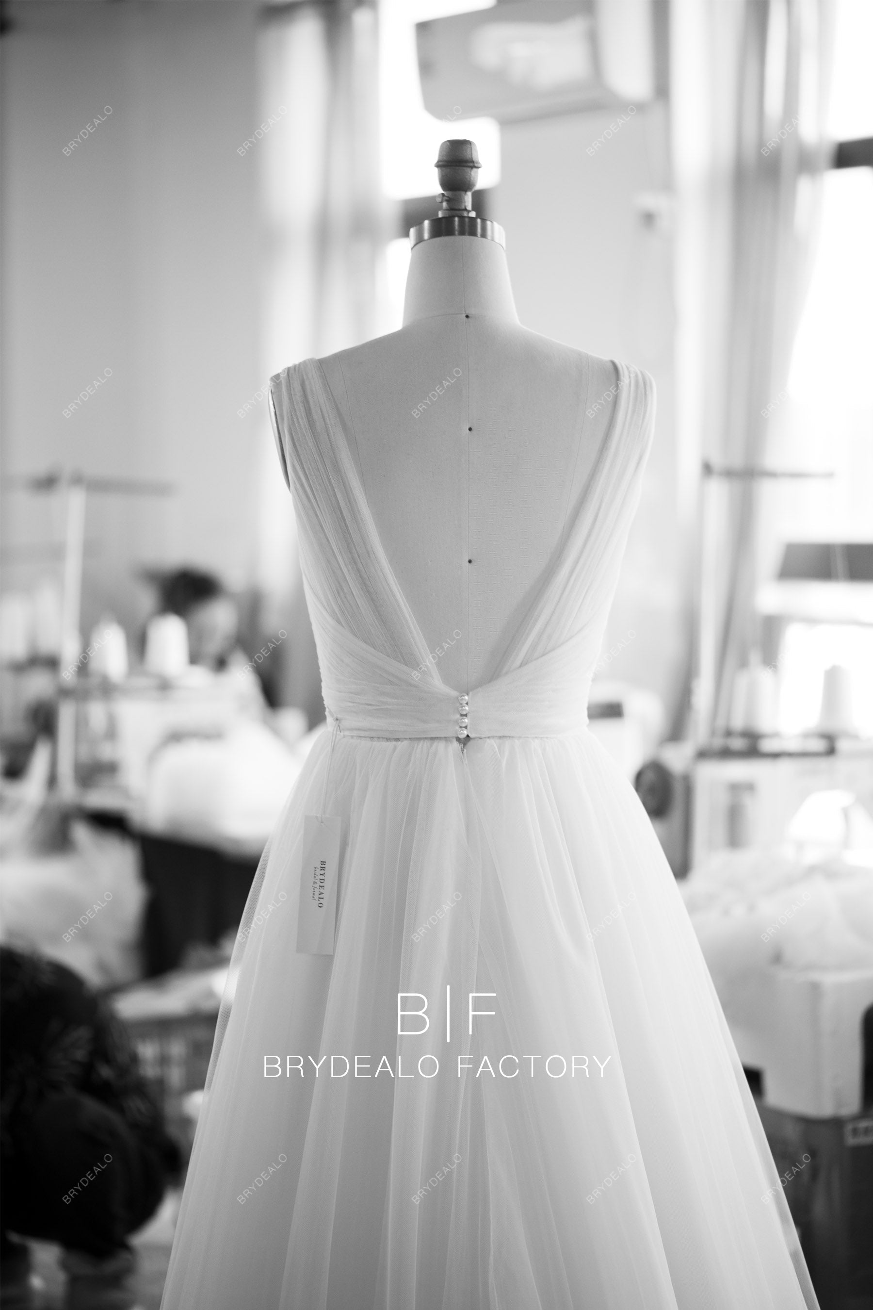 hand-made pleated tulle open back wedding dress