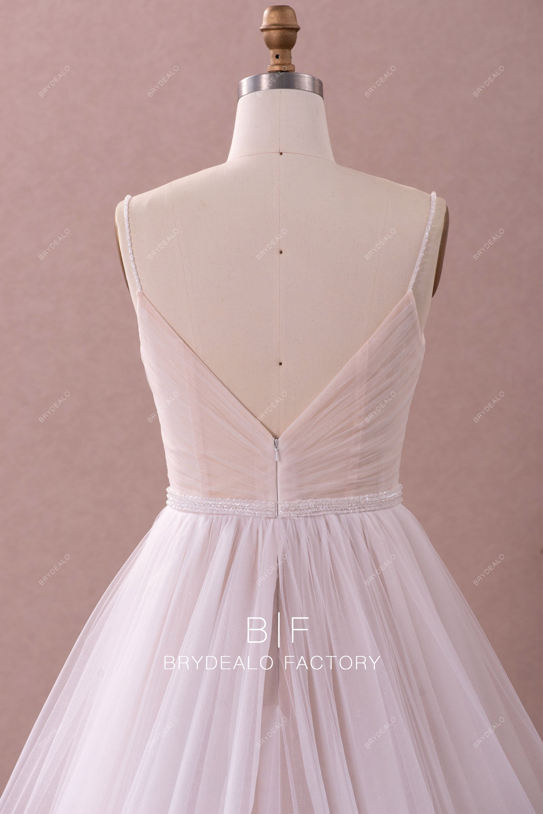 Pleated v-back designer beige wedding dress