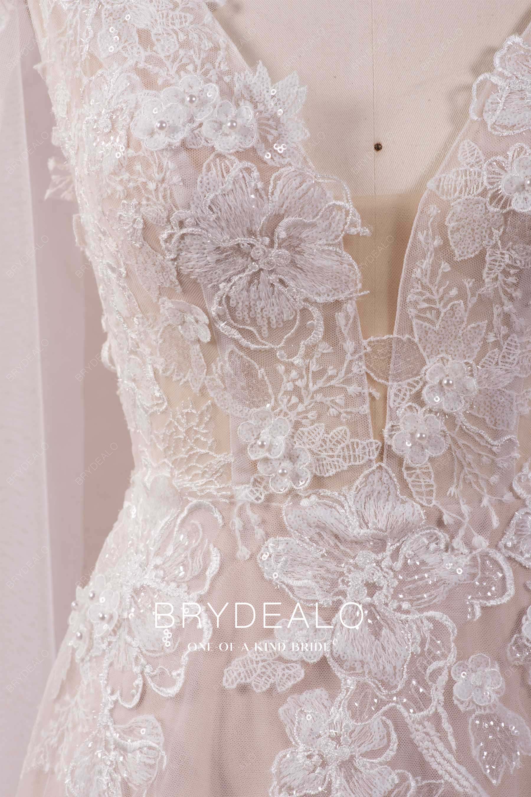 stylish plunging neck 3D flower lace wedding dress