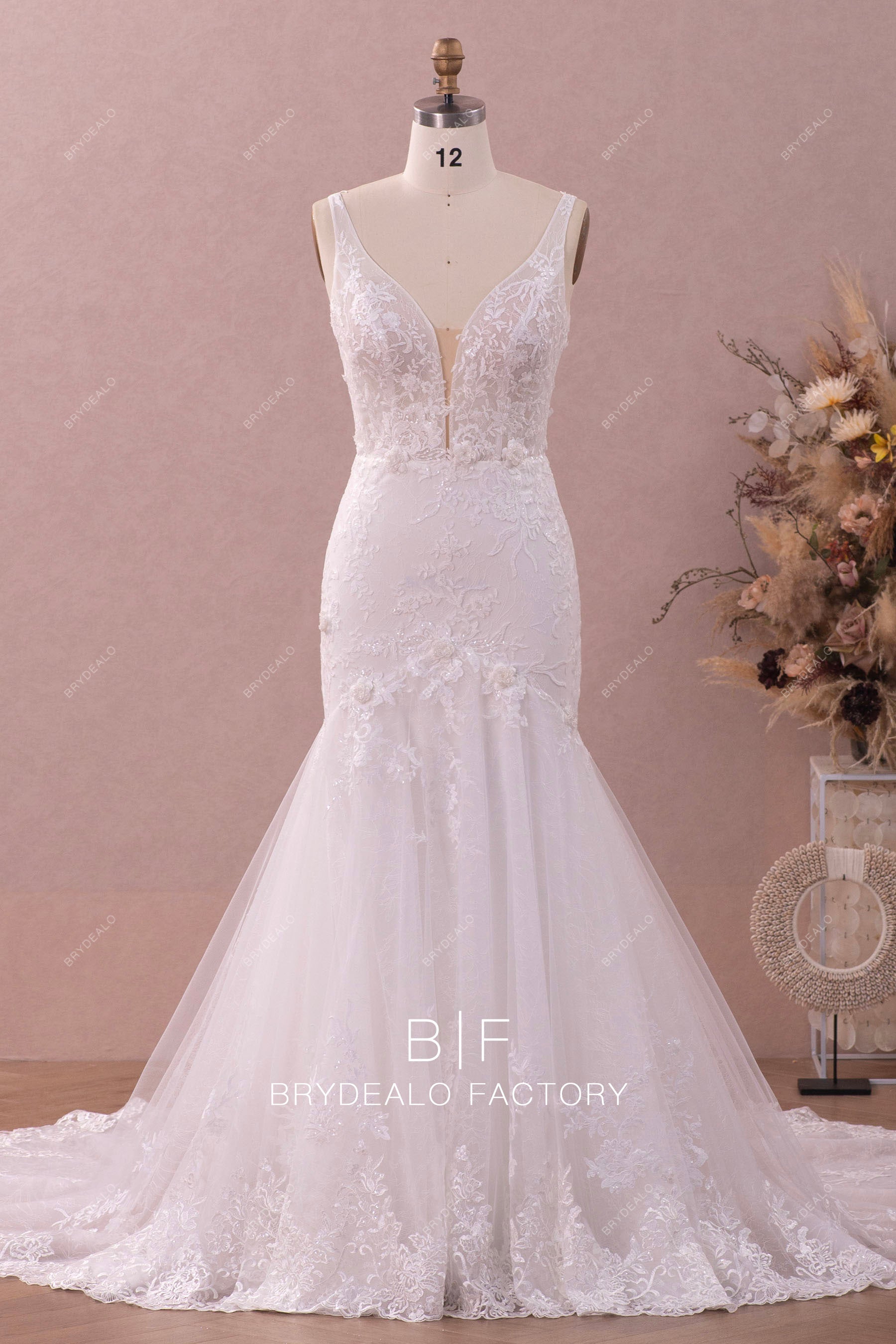 plunging neck sleeveless shimmery lace mermaid wedding dress