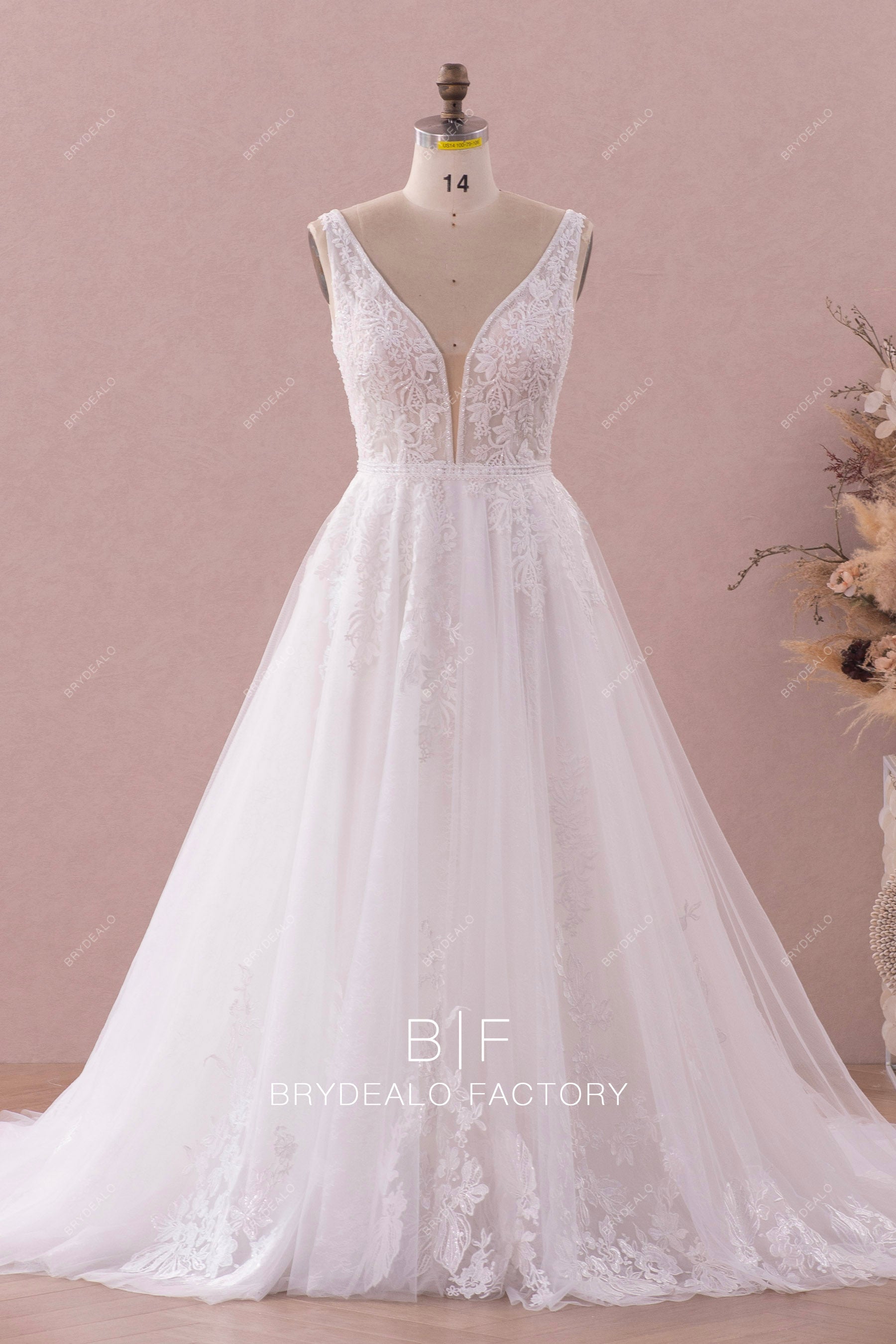 sexy sleeveless plunging neck beaded lace A-line wedding dress