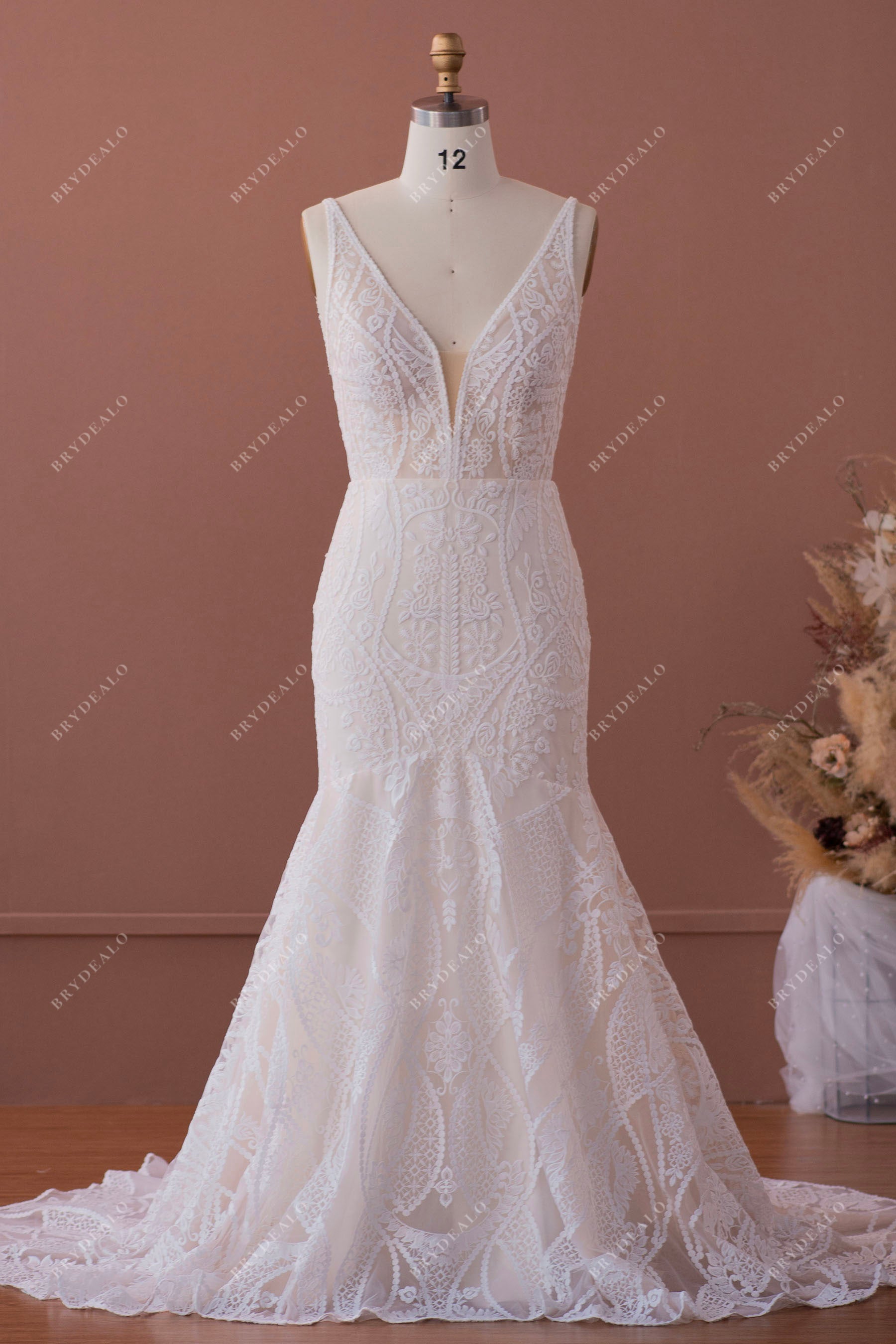 Sleeveless Plunging Designer Lace Mermaid Wedding Dress