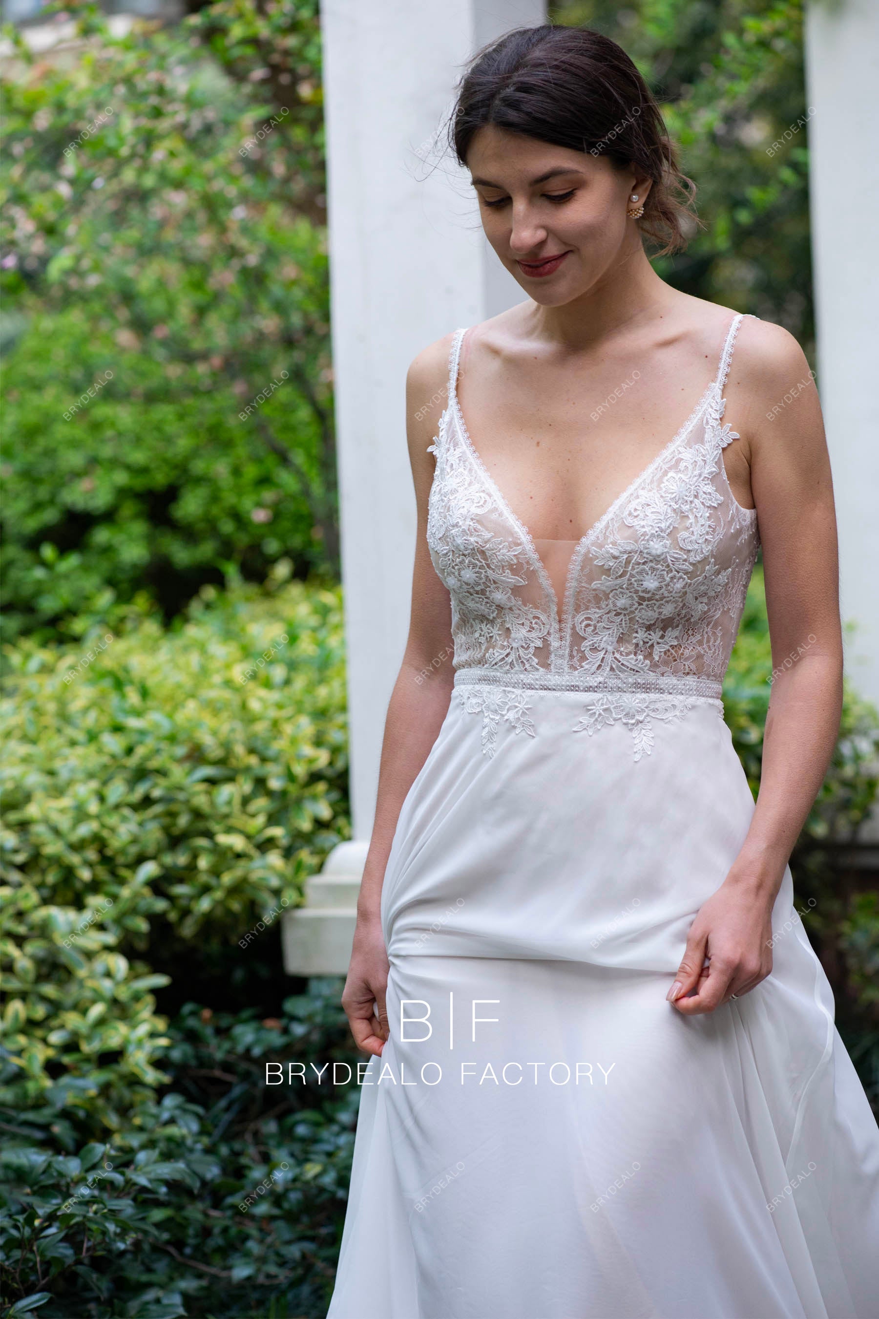 plunging flower lace wedding dress