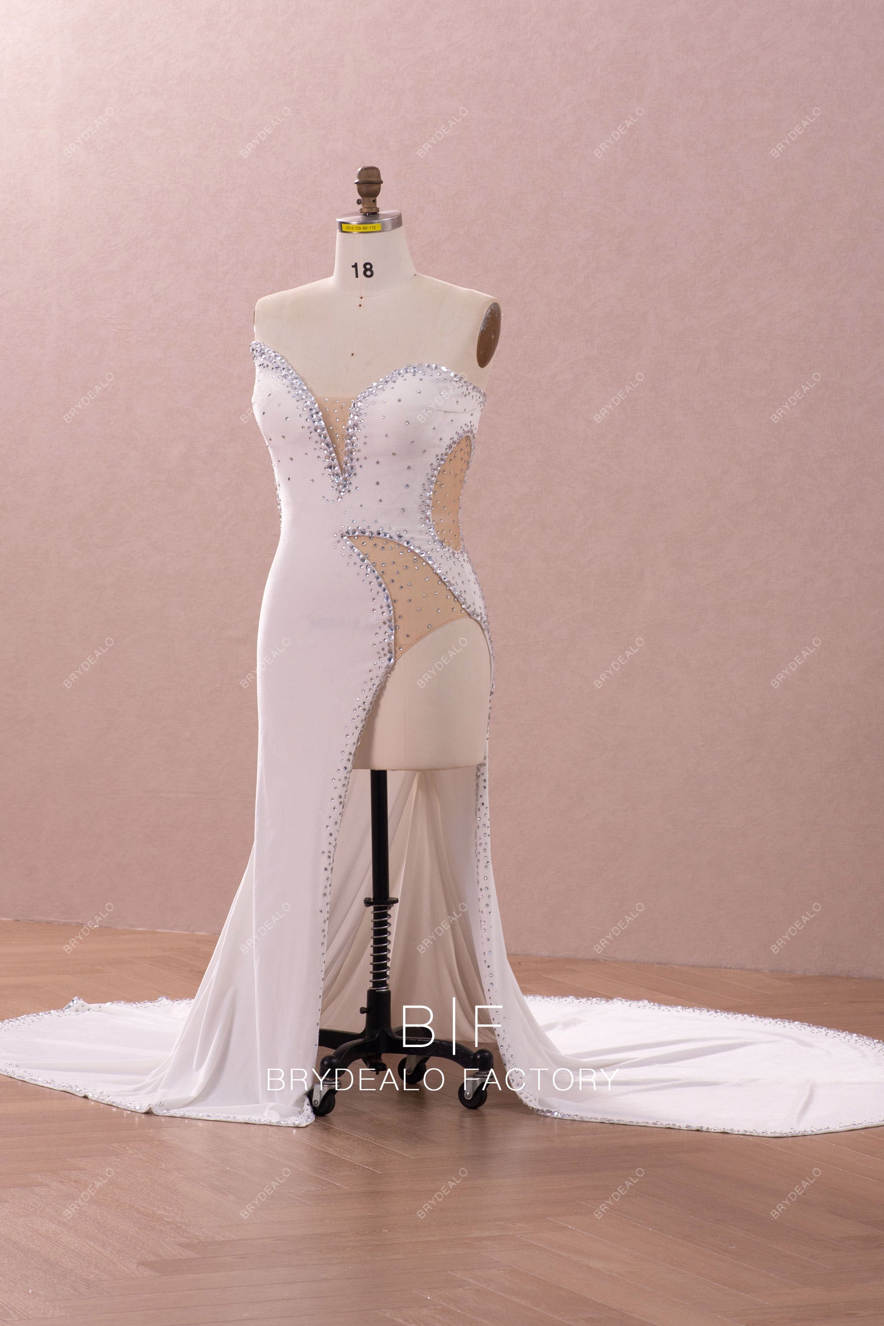 plunging neck rhinestones white dress