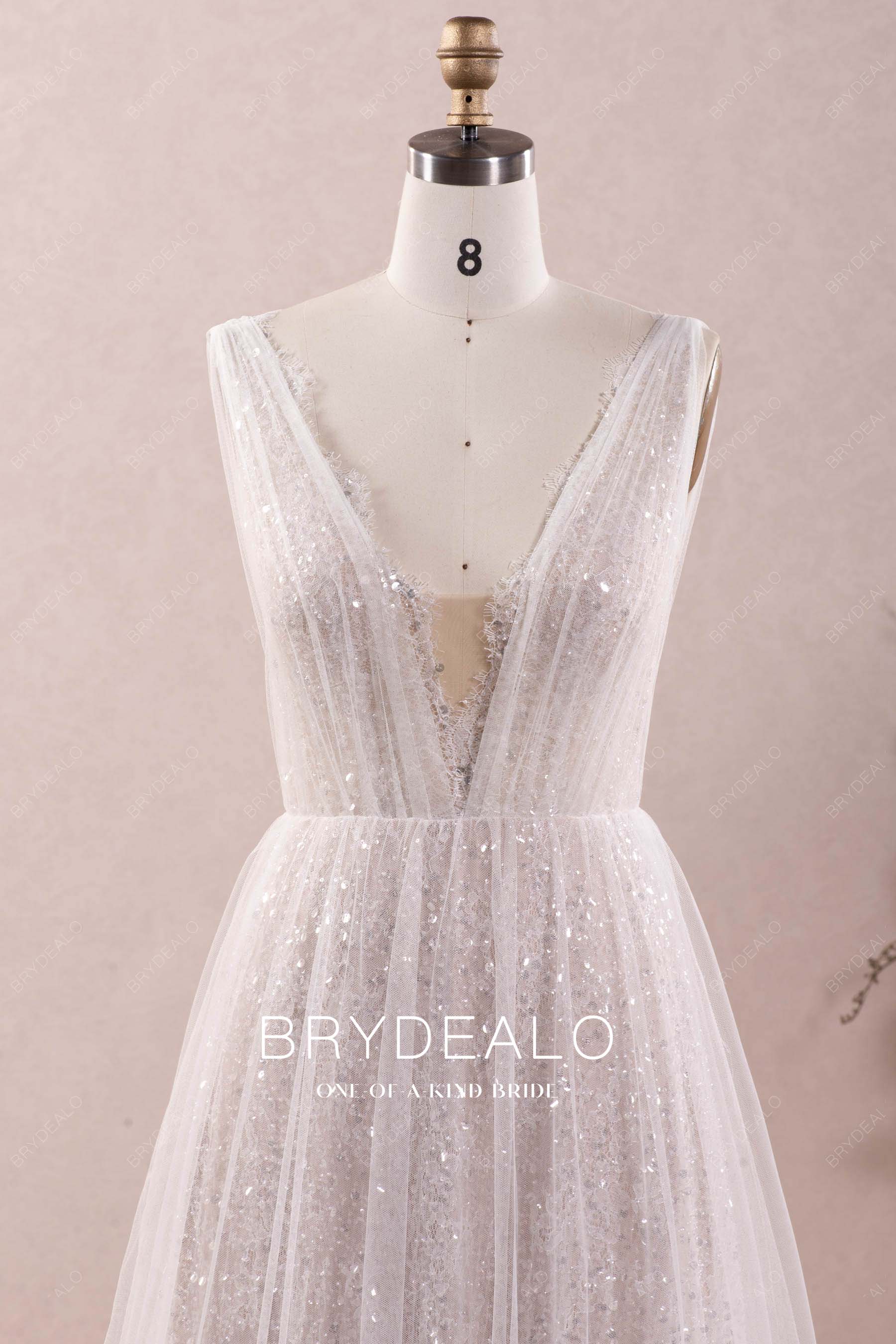 plunging scalloped lace neck designer fall wedding dress