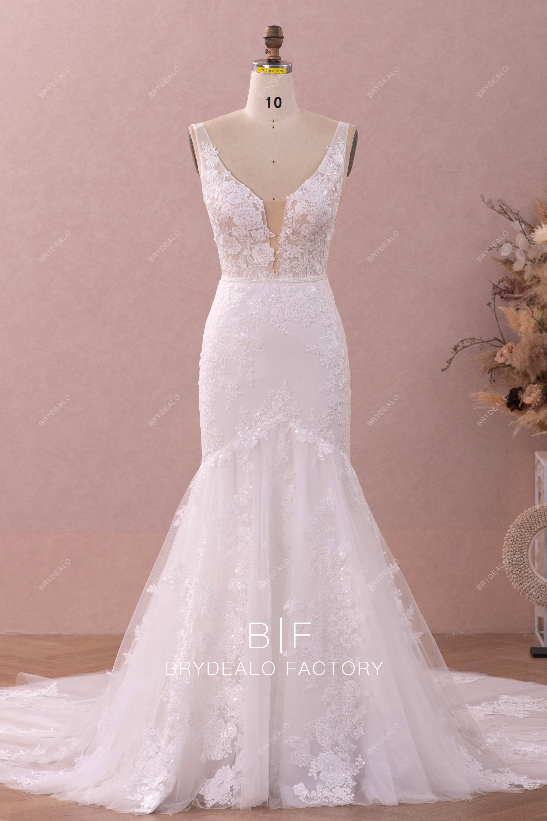 plunging neck  lace mermaid wedding dress