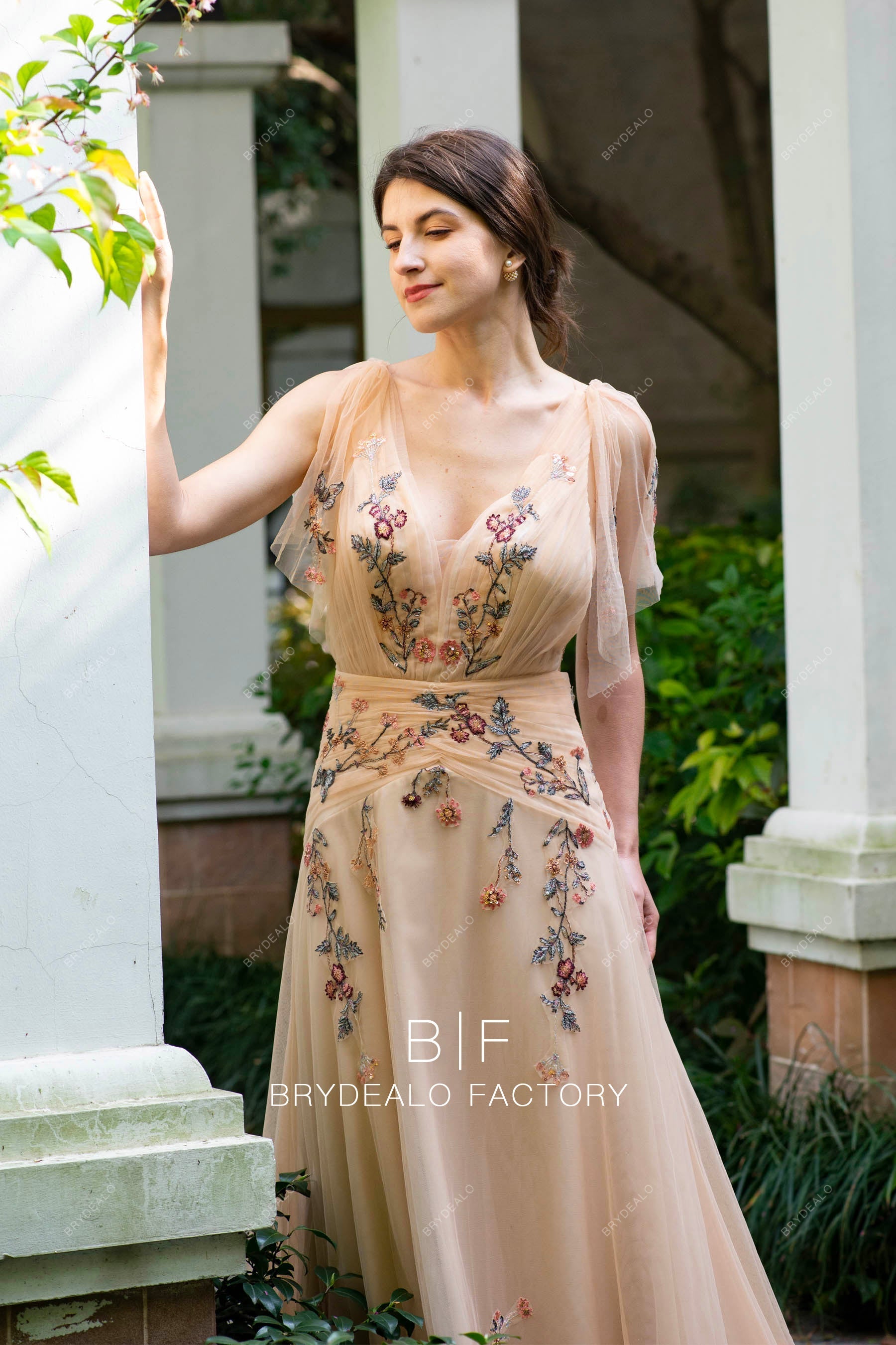 designer nude plunging shoulder panel boho wedding dress