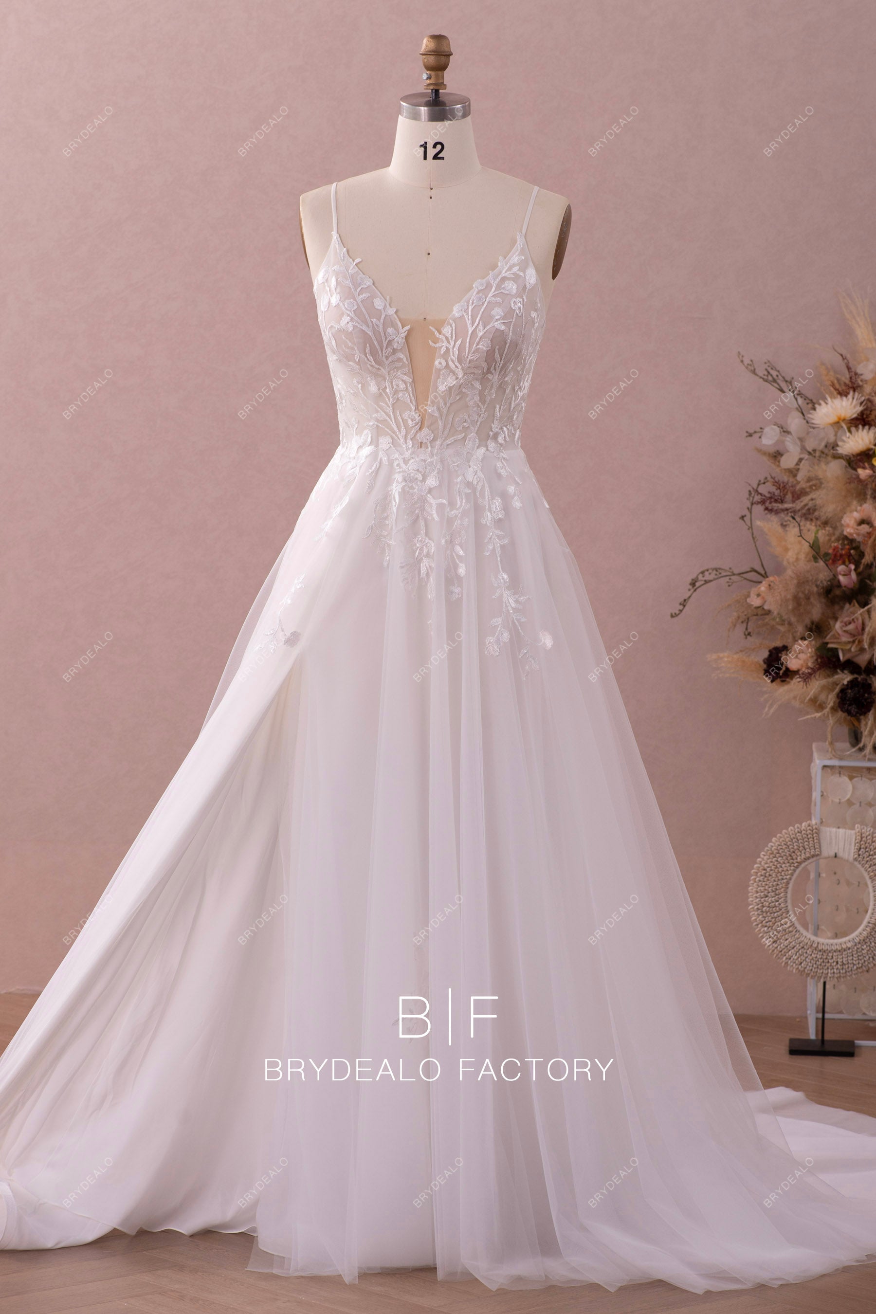 plunging slit lace tulle bridal wedding dress